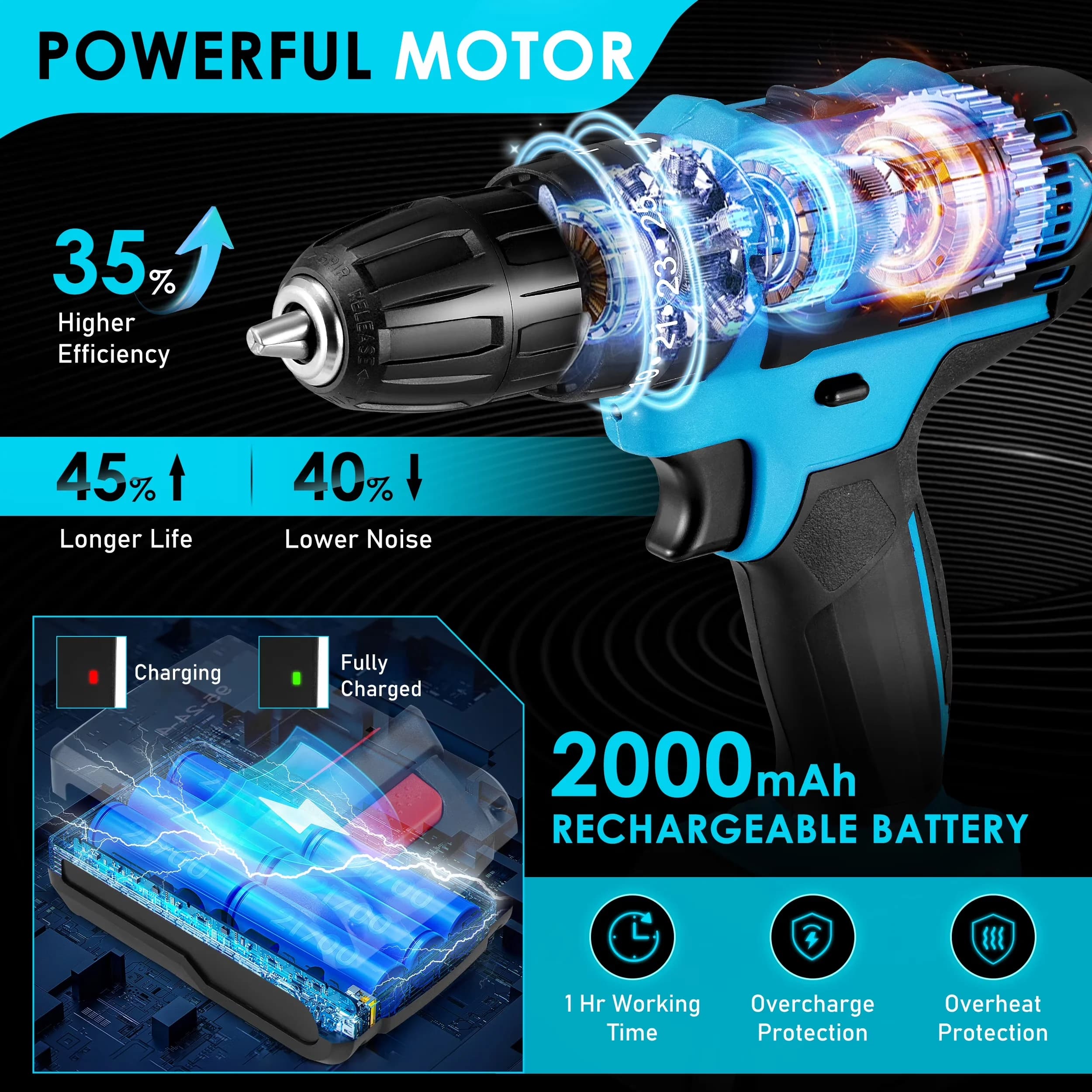 Drills Driver Premium with Battery, 21V, 21V Cordless Drill - Blue - Premium Collection Model 725B24