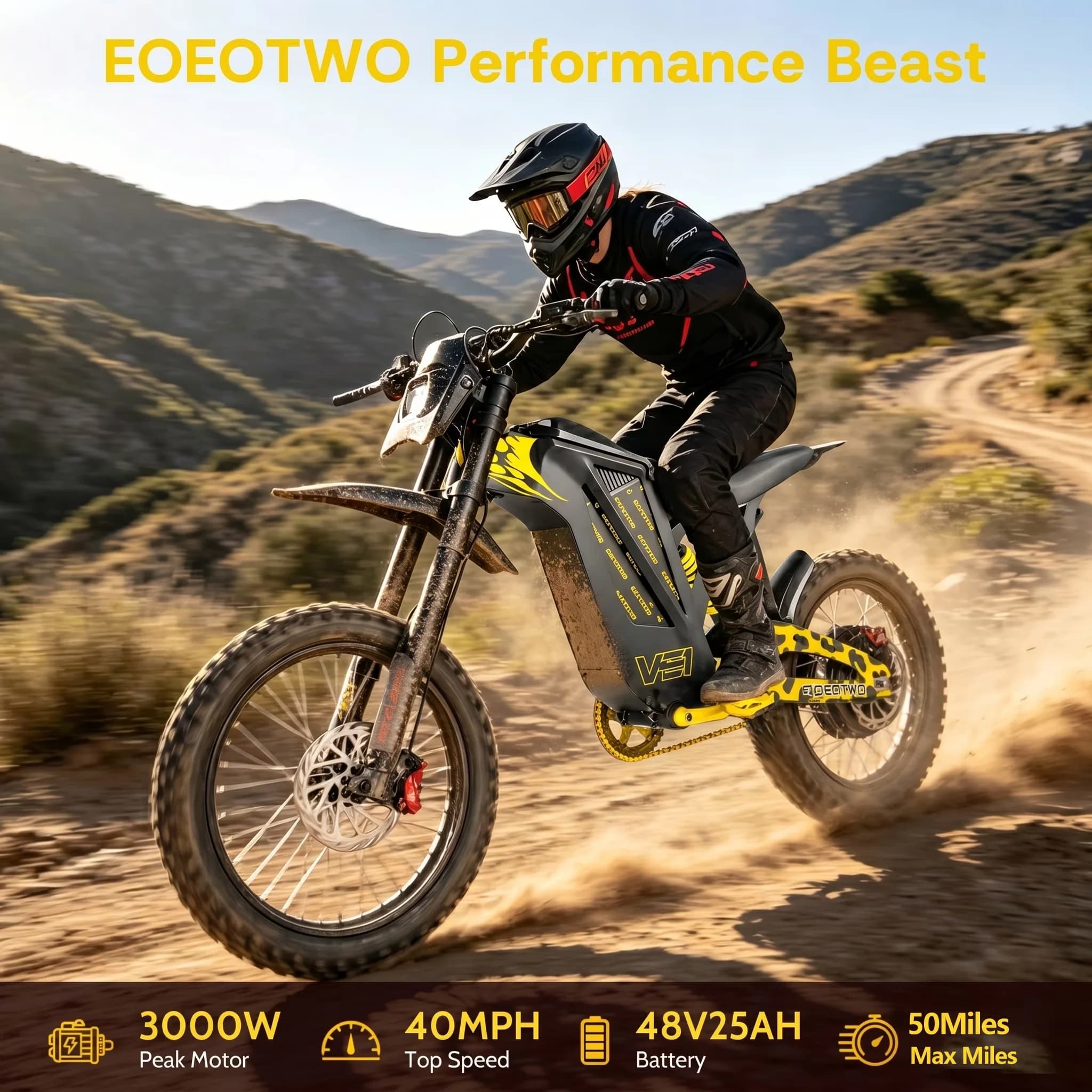 Reliable Electric Bike with Battery, 3000W, 48V - Yellow EX1 - Compact and Portable Model BE7521