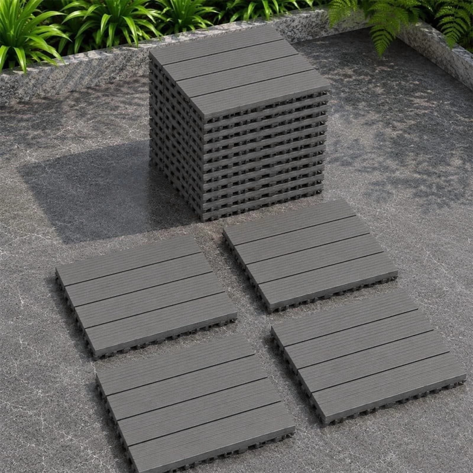 Premium Building Material with Interlocking, Snap Together Patio Tiles, Covers 44 sq ft - Gray Pp Model B38E58