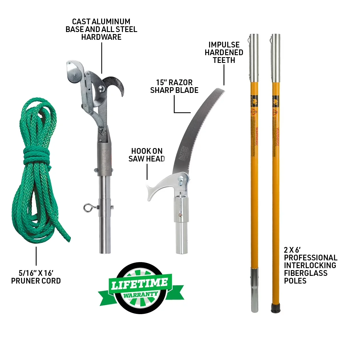 Sleek Pole Saw with 15” Blade and Pruner Head, 12’ Set, Yellow (40209) - Yellow Model B16659