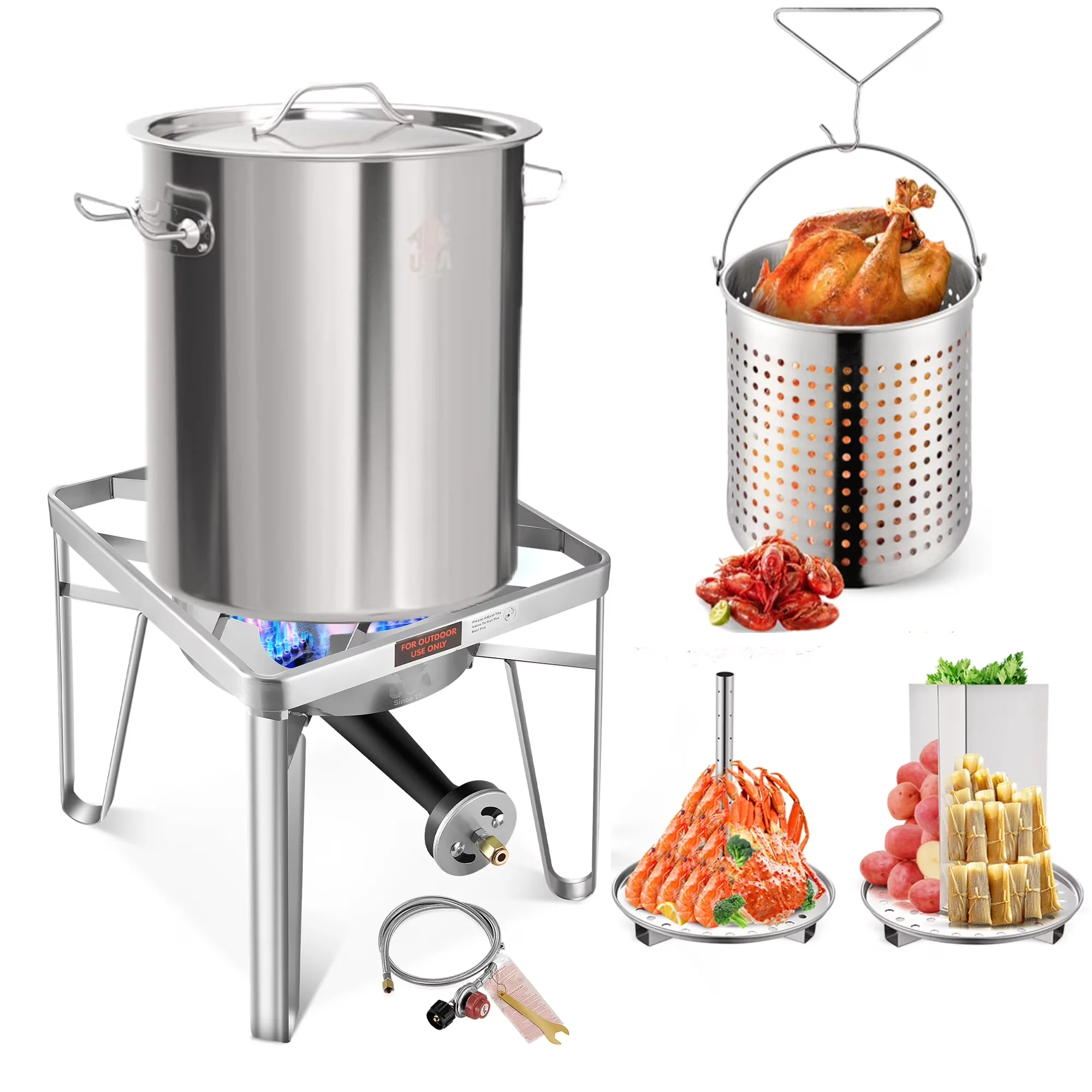 Outdoor Fryer Professional with 200000 BTU, Adjustable Regulator, Tamale Steamer Pot - Stainless Steel Model 793A5F
