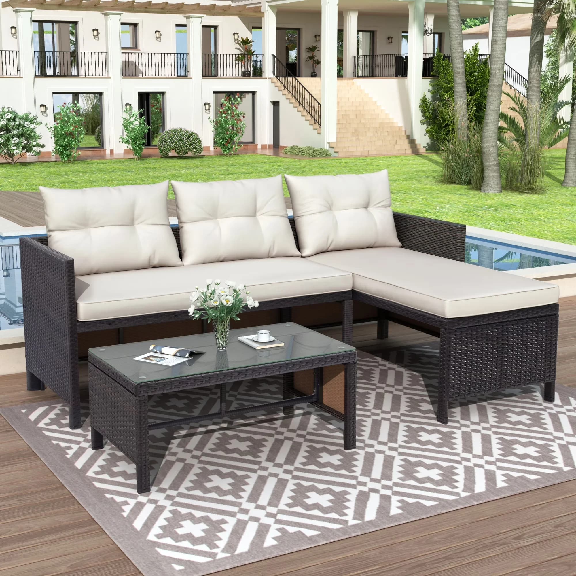 Versatile Patio Conversation Set with Two-Seater Sofa, 【Sectional & Separable Design】, Lounge Sofa - Beige Cushion Pe Rattan,Steel,... Model 48D48C