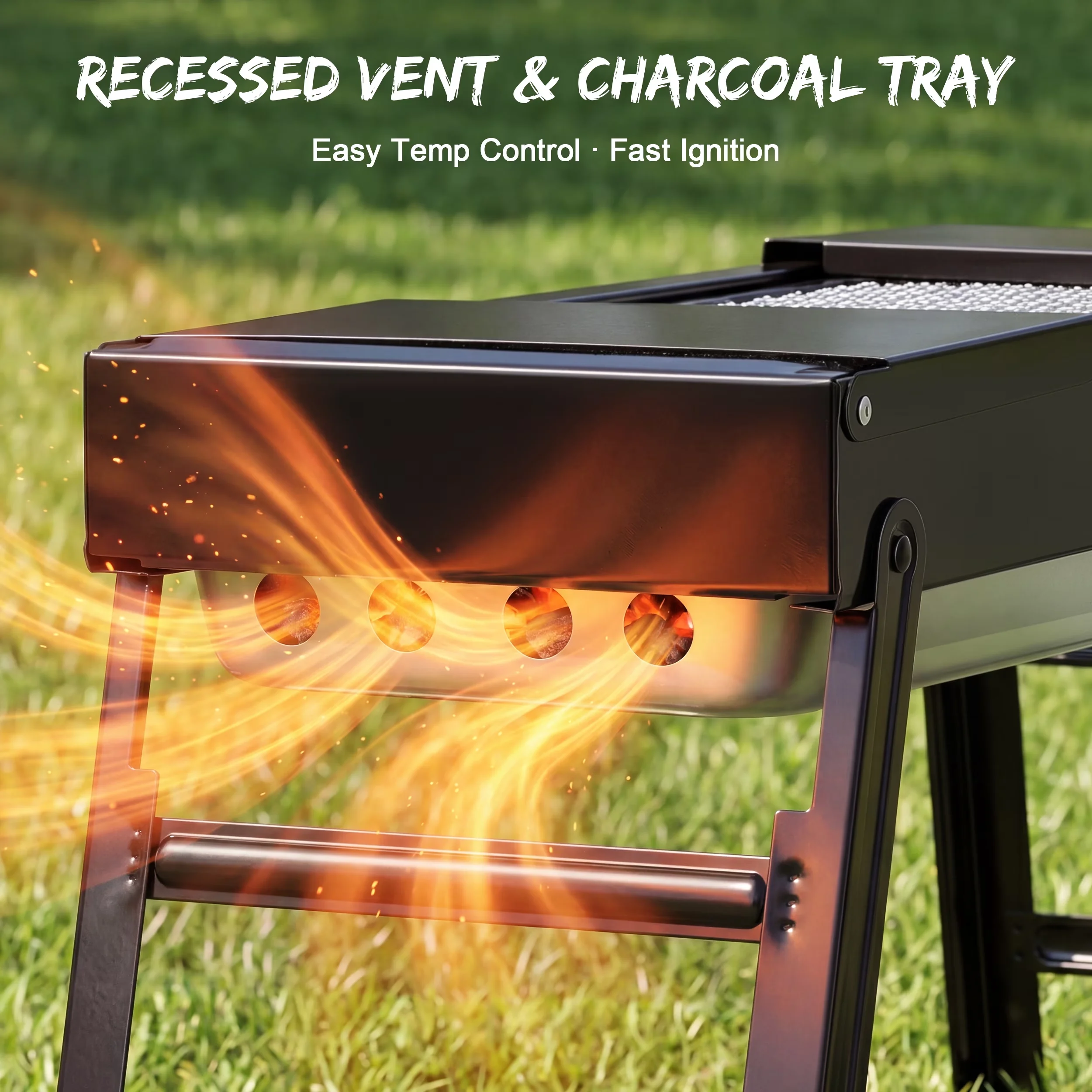 Charcoal Grill Modern with Foldable BBQ, 【INTEGRATED EXTENDABLE SIDE SHELVES】 - Iron for Outdoor, Camping Model 730542