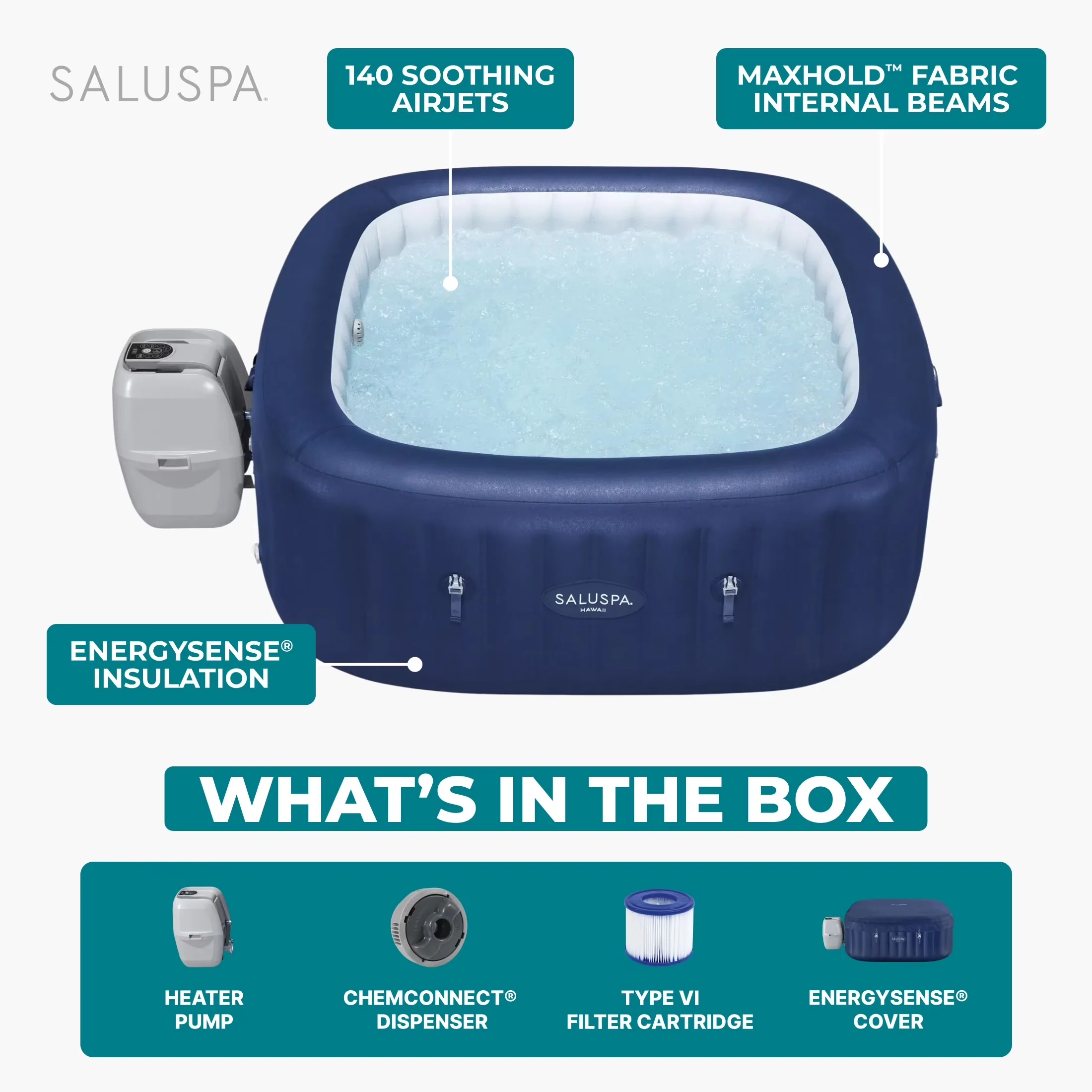 Hot Tub Quality with Inflatable, 71"x28", Square Energy-Efficient Spa - 4-6 Model AE4955