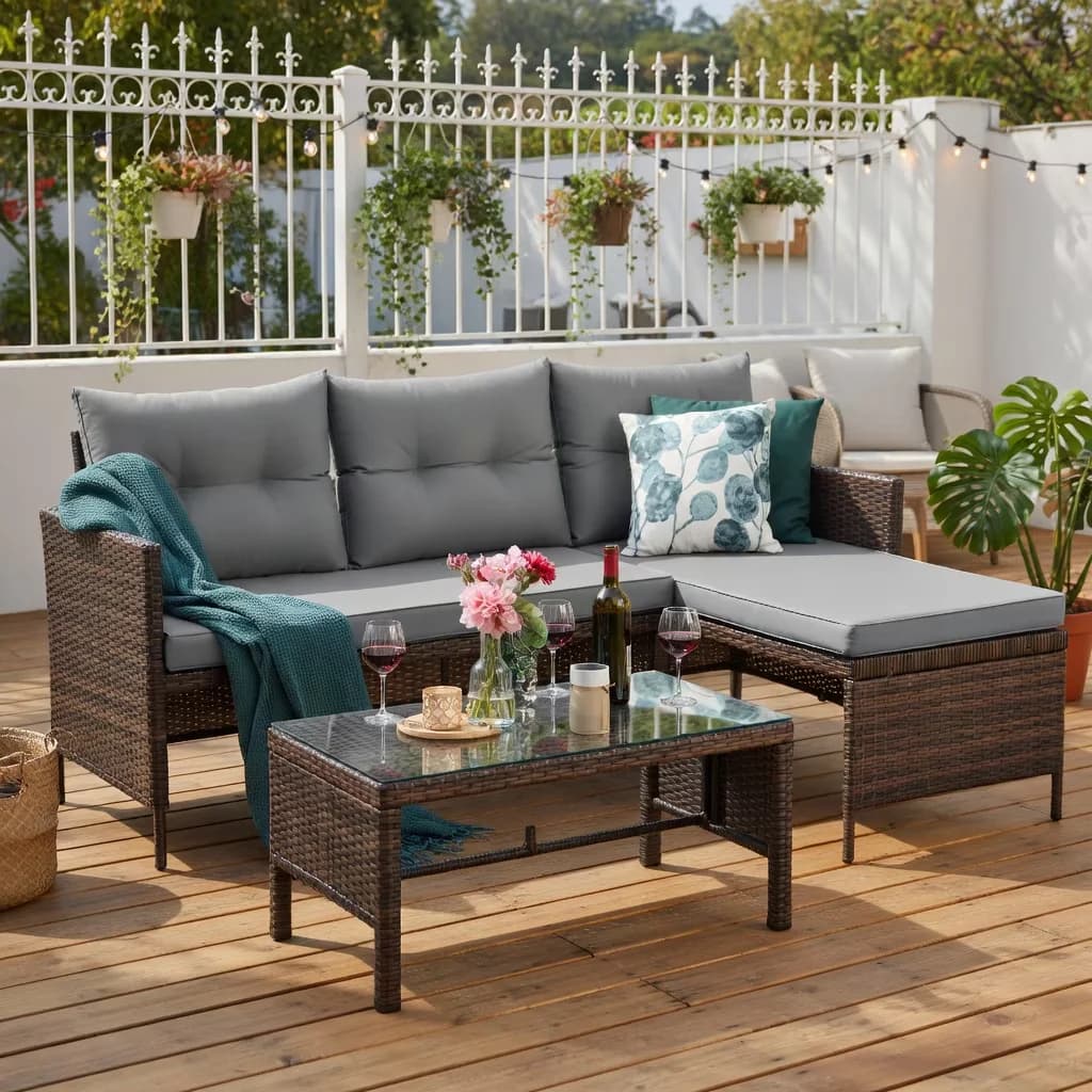 Reliable Outdoor Sofas Sectional with Wicker Patio Couch, Balcony Furniture, Gray - Gray Polyester Fabric, Sponge, Steel, Wicker Model 9A8ADD
