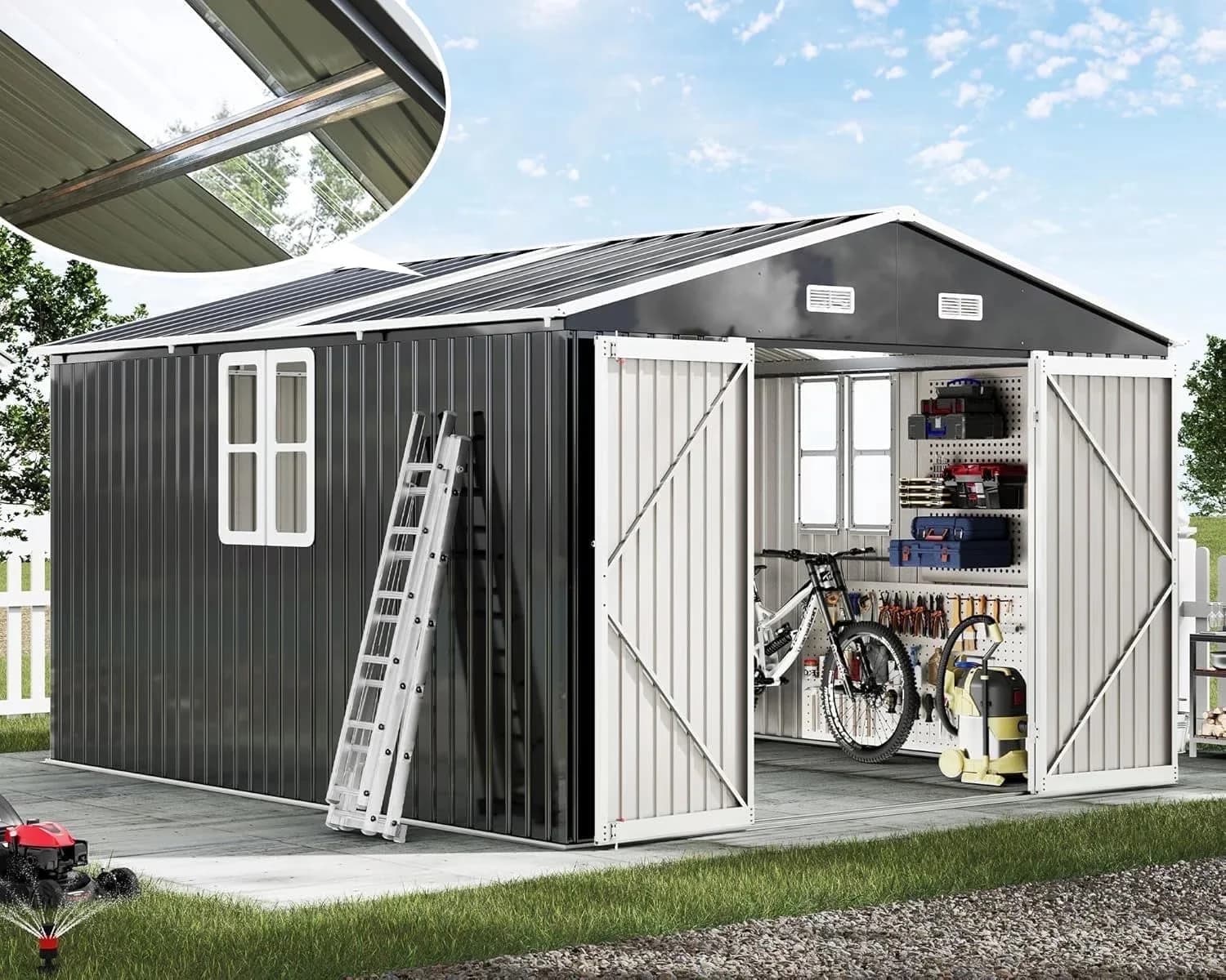 Durable Shed with Impact-Resistant, 2/4-Pane Windows Hinged Double Doors - Metal White for Garden Model 29D72A