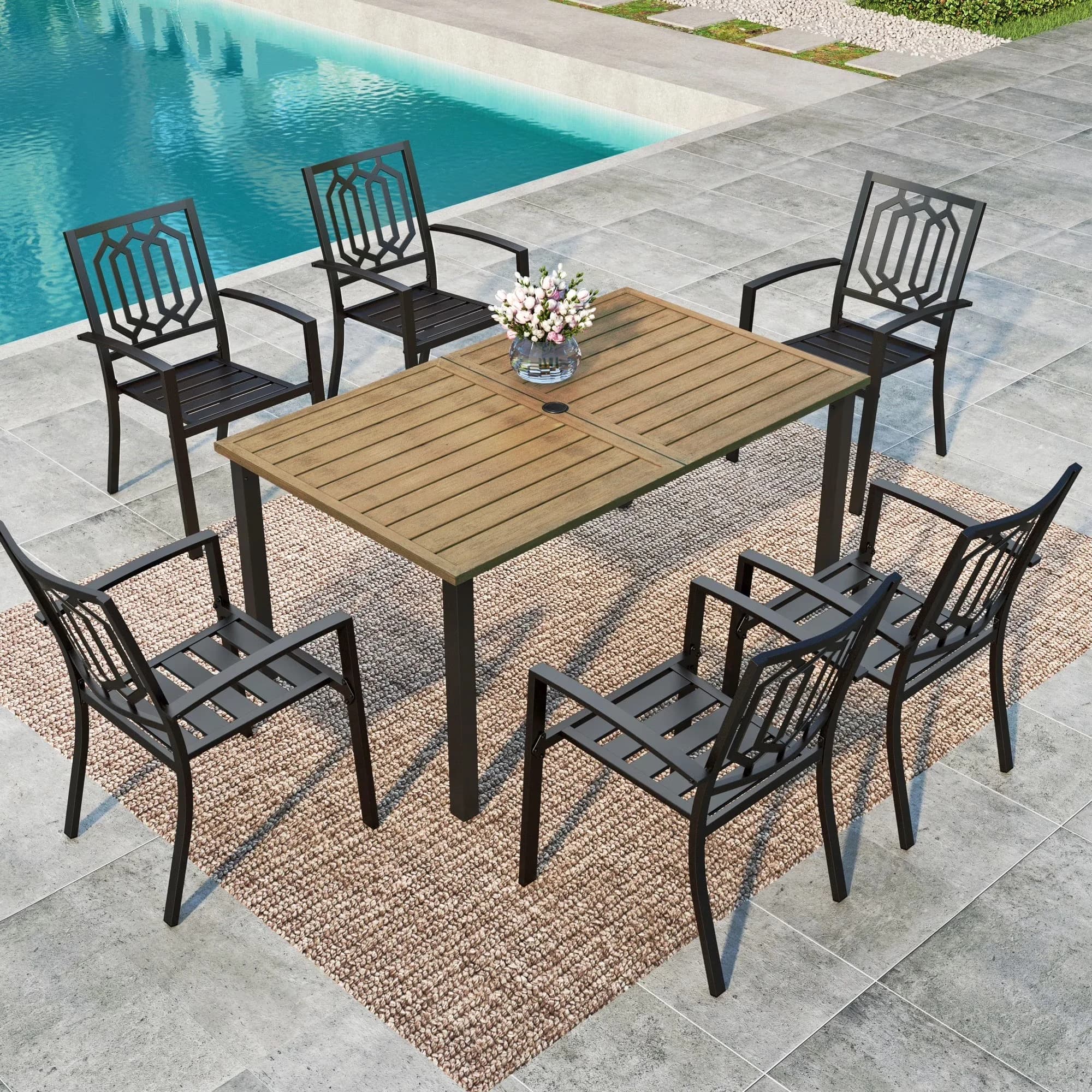 Patio Dining Set Quality with Portable, 7-Piece Outdoor - Steel Black - Commercial Quality Model 962DF2
