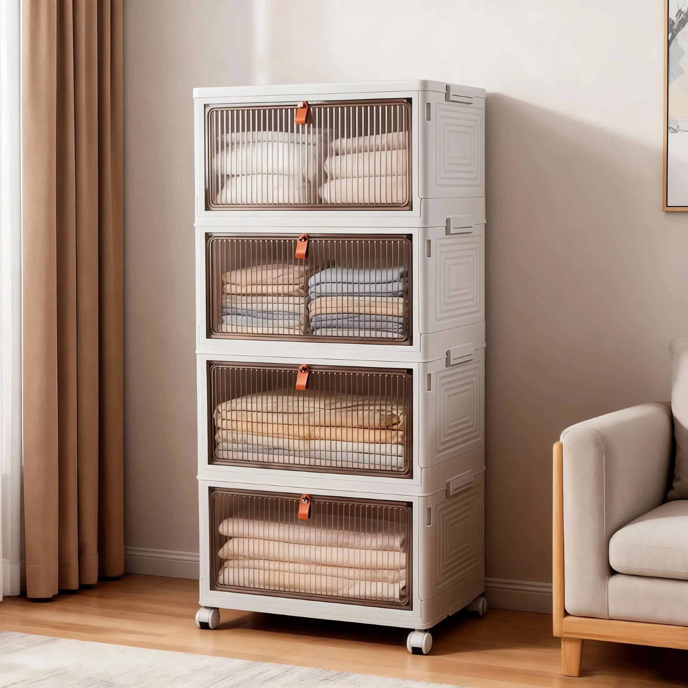 Garage Storage Supply Durable with Stackable, Lids and Wheels, 4 Tier Folding Box - White Pp for Living Room, Office Model 790D04