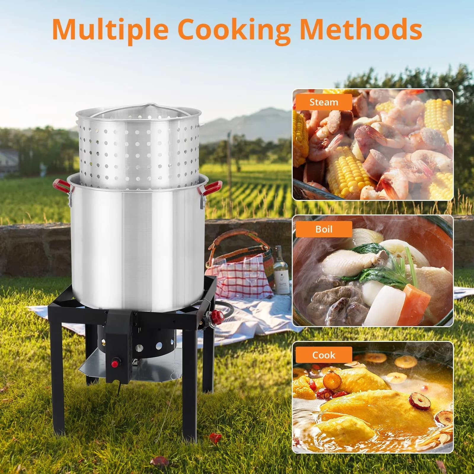 Compact Outdoor Fryer with 110000 BTU, Turkey Deep Pot - Aluminum, Cast Iron, Steel Silver Model 85DE83