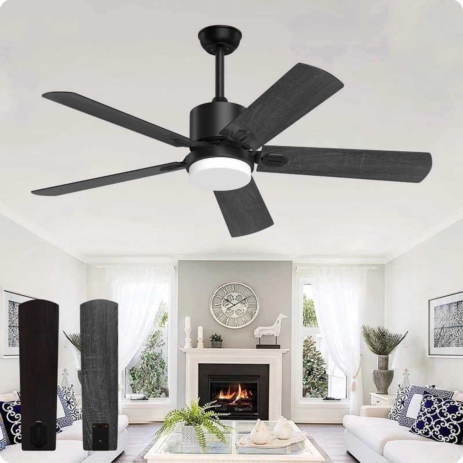Ceiling Fan Compact with LED, 5 Wood Blades, 52'' - Light for Home and Office Model DE97C7