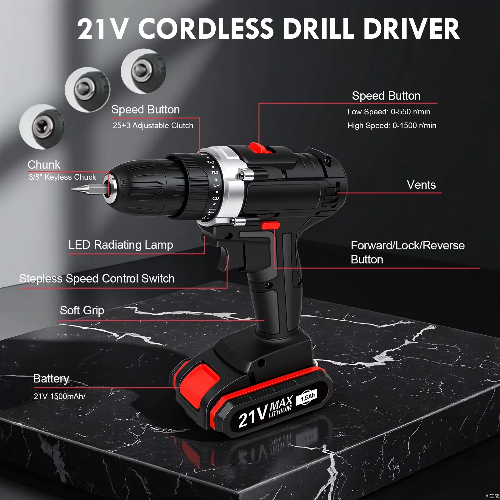 Reliable Drills Driver with Battery, LED, 21V Cordless Drill Set - Ergonomic Design Model 48EABB
