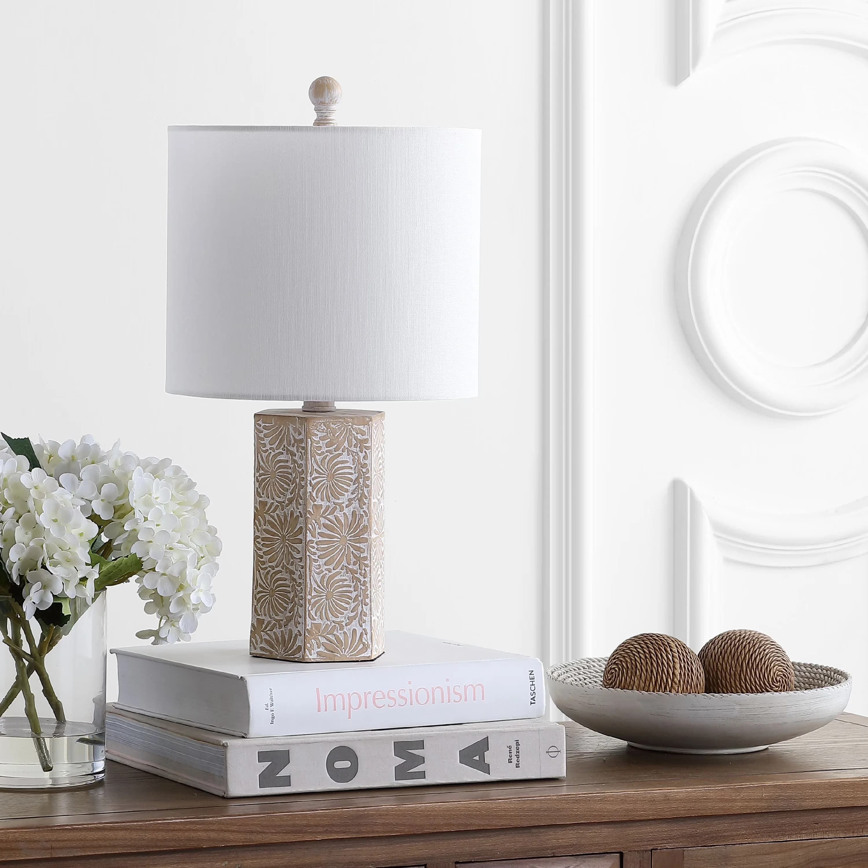 Efficient Table Lamp with LED, Farmhouse, Eliseo Floral Engraved 18.5 in. H - Polyresin Beige Model 12E10C
