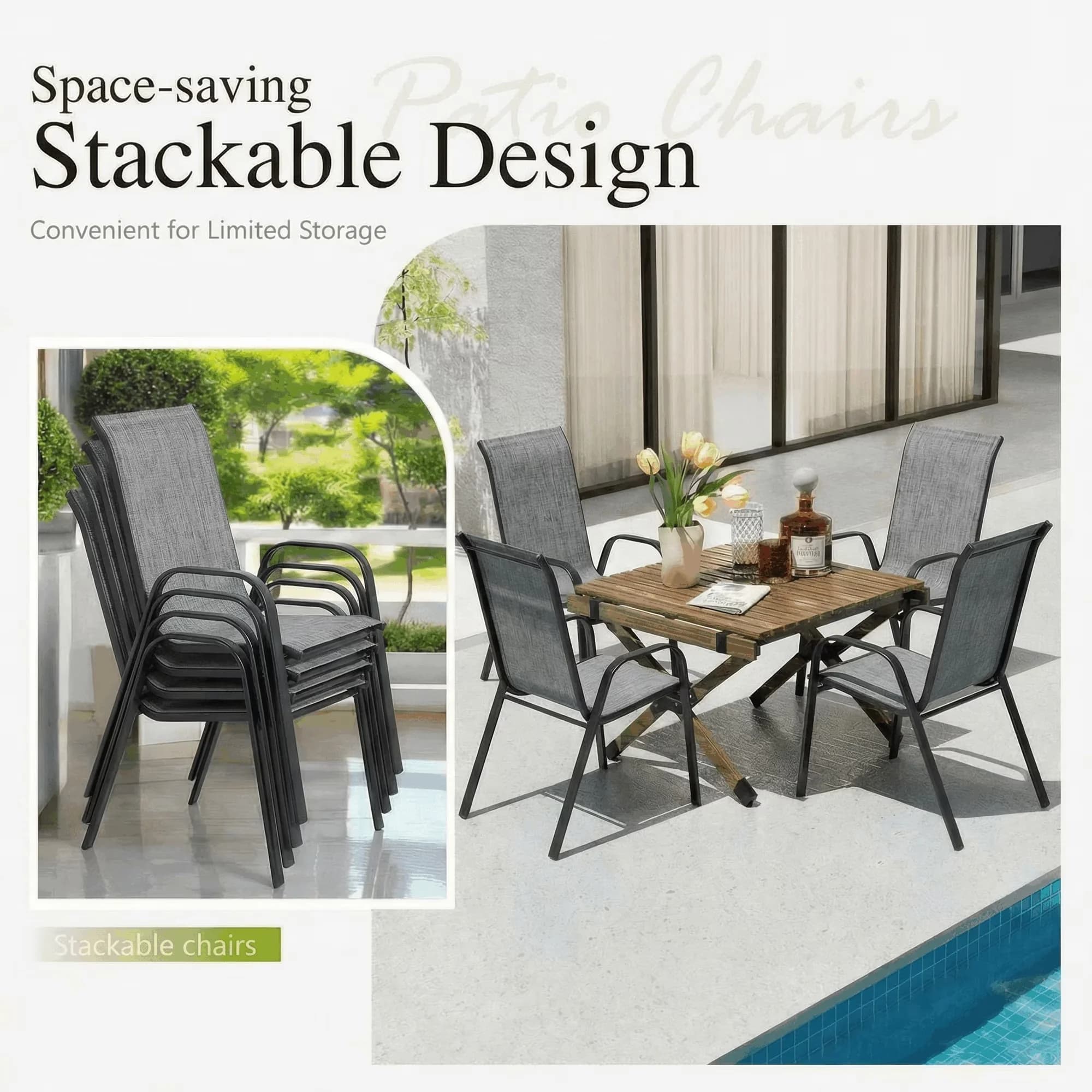 Modern Patio Chair with Stackable, Contemporary - Metal, Textilene Fabric for Garden Model 7D279E