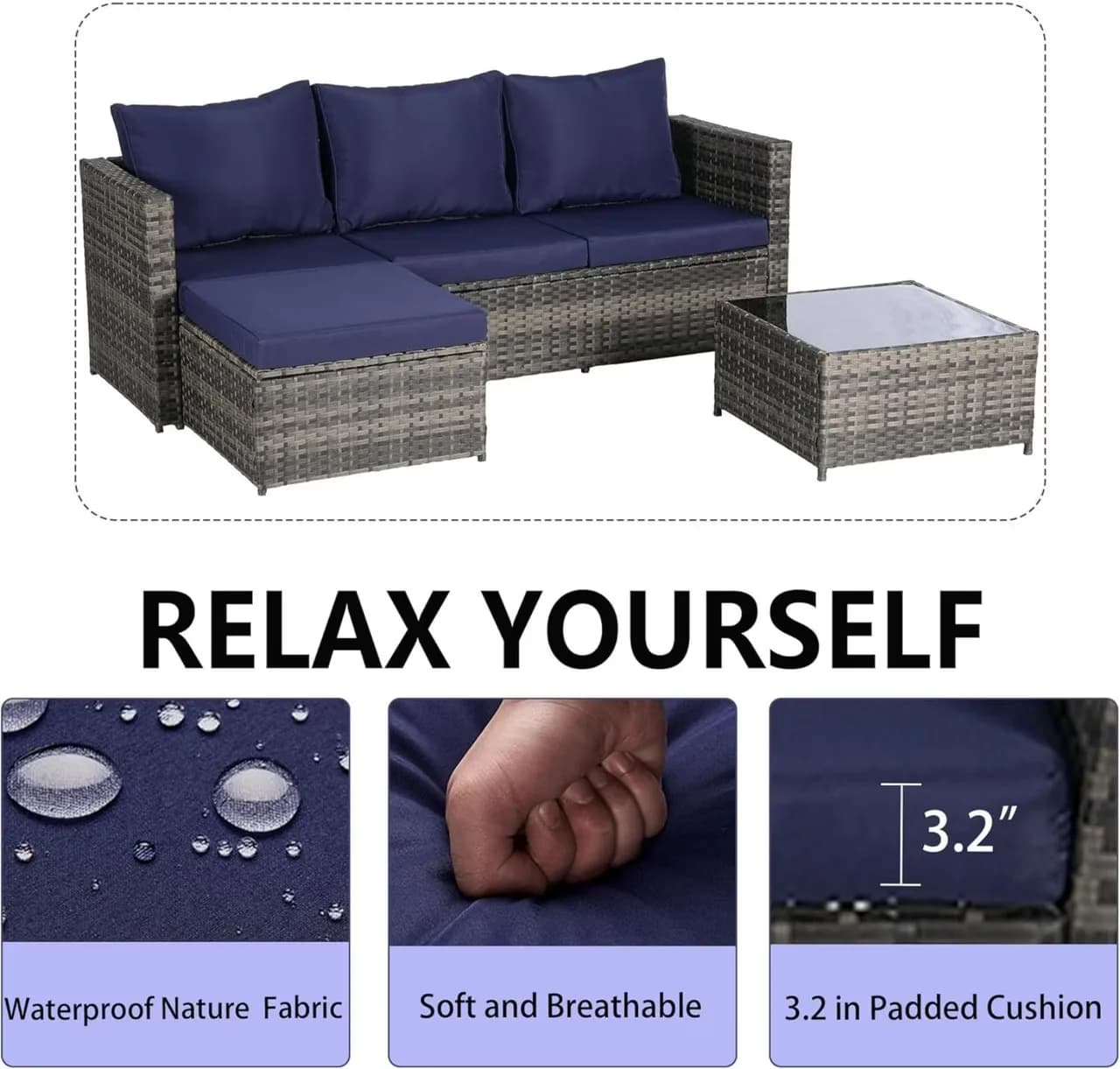 Reliable Patio Conversation Set with Ottoman, 3-Piece Furniture, Coffee Table - Rattan, Metal Blue Model AAD1DF