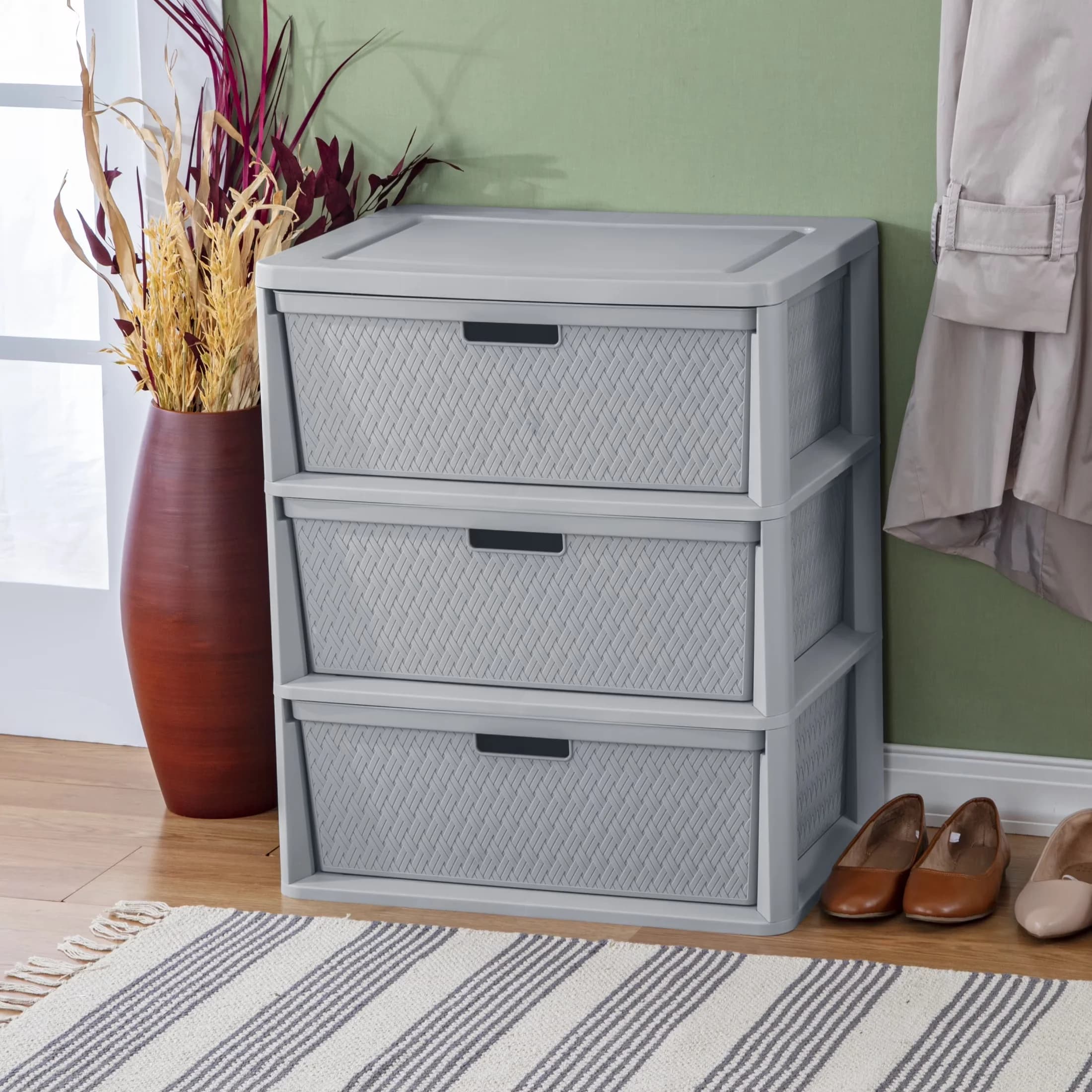 Garage Storage Supply Modern with Carrying Handles, Plastic Organizer, Wide 3 Drawer Tower - Gray Plastic Model 0F647B