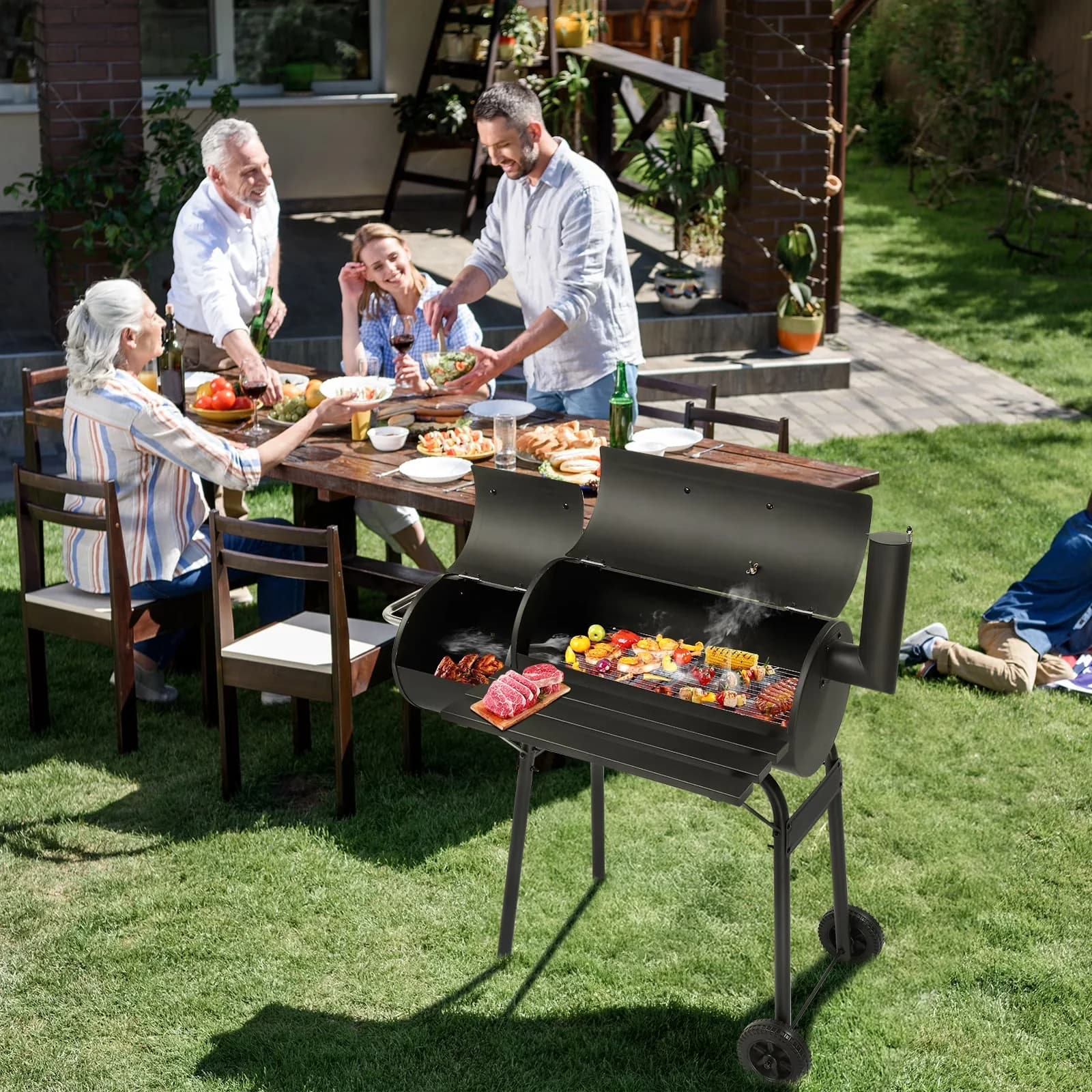 Charcoal Grill Durable with Rust Resistant, Offset Fire Box - Stainless Steel Black Model 749A2A