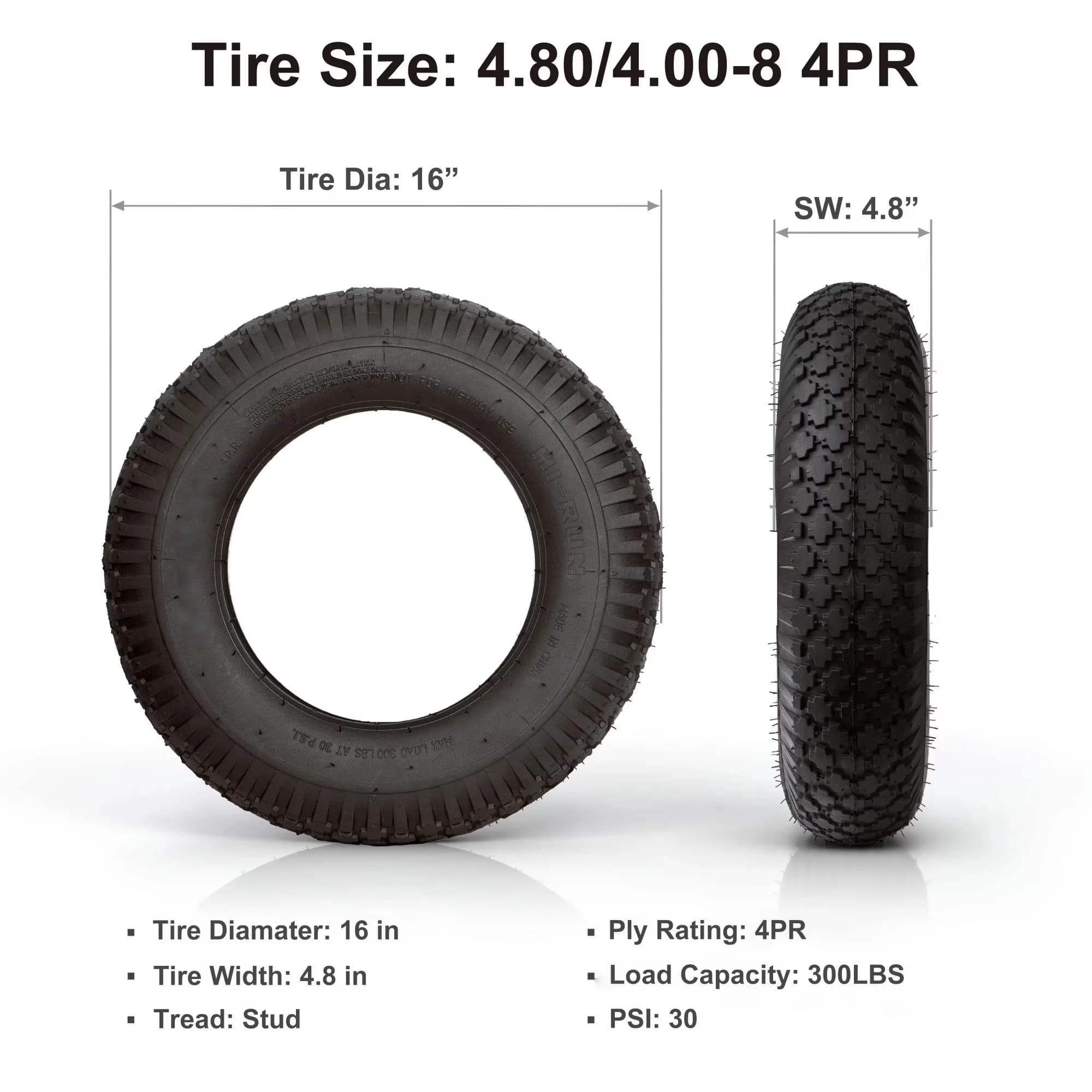 Lawn Mower Tire Versatile with Replacement, Smooth, Stud 4.80/4.00-8 4PR Wheelbarrow - Model 7ACC9C