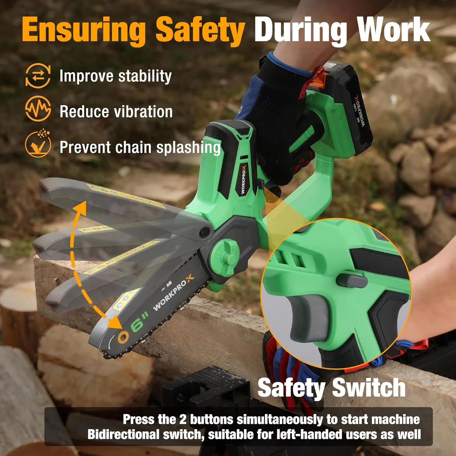 Innovative Chainsaw with Battery, 20V, Chain Catcher - Green for Garden Model 15E698