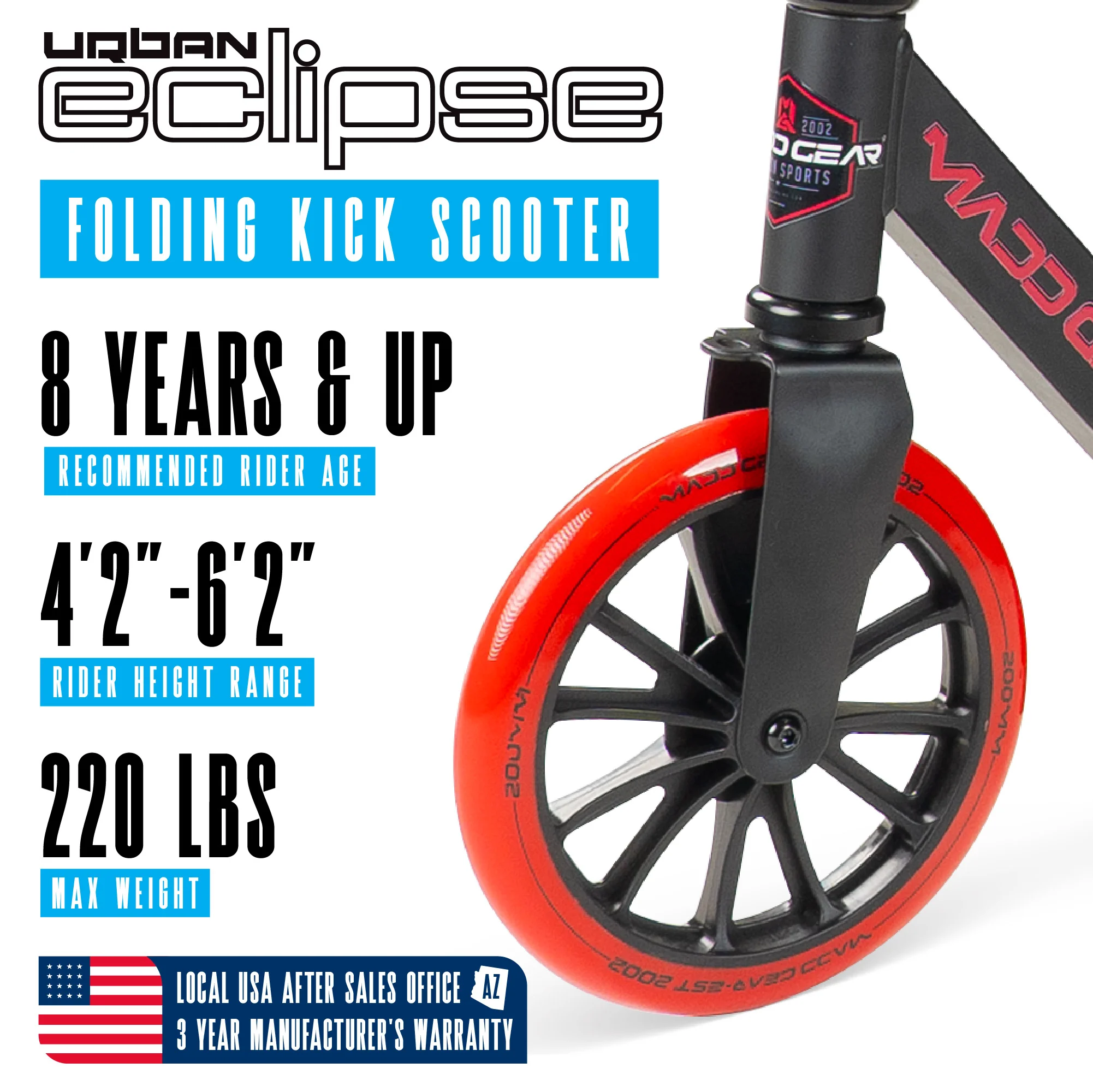 Scooter Professional with Foldable, ECLIPSE 200 RED, Eclipse Commuter 200mm Wheels - Steel Red Model 9700A6