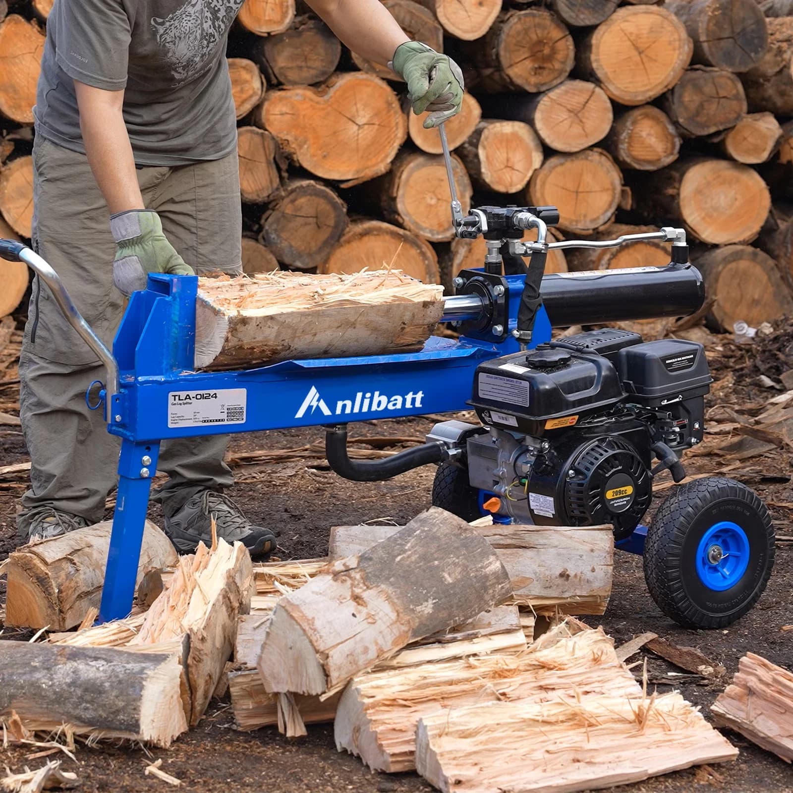 Modern Logsplitter with Wheeled, 2-Stage Gear Pump 16'' Max Wood Diameter, 18-Ton Gas Log Splitter Full Beam - Royal Blue Model 96443A