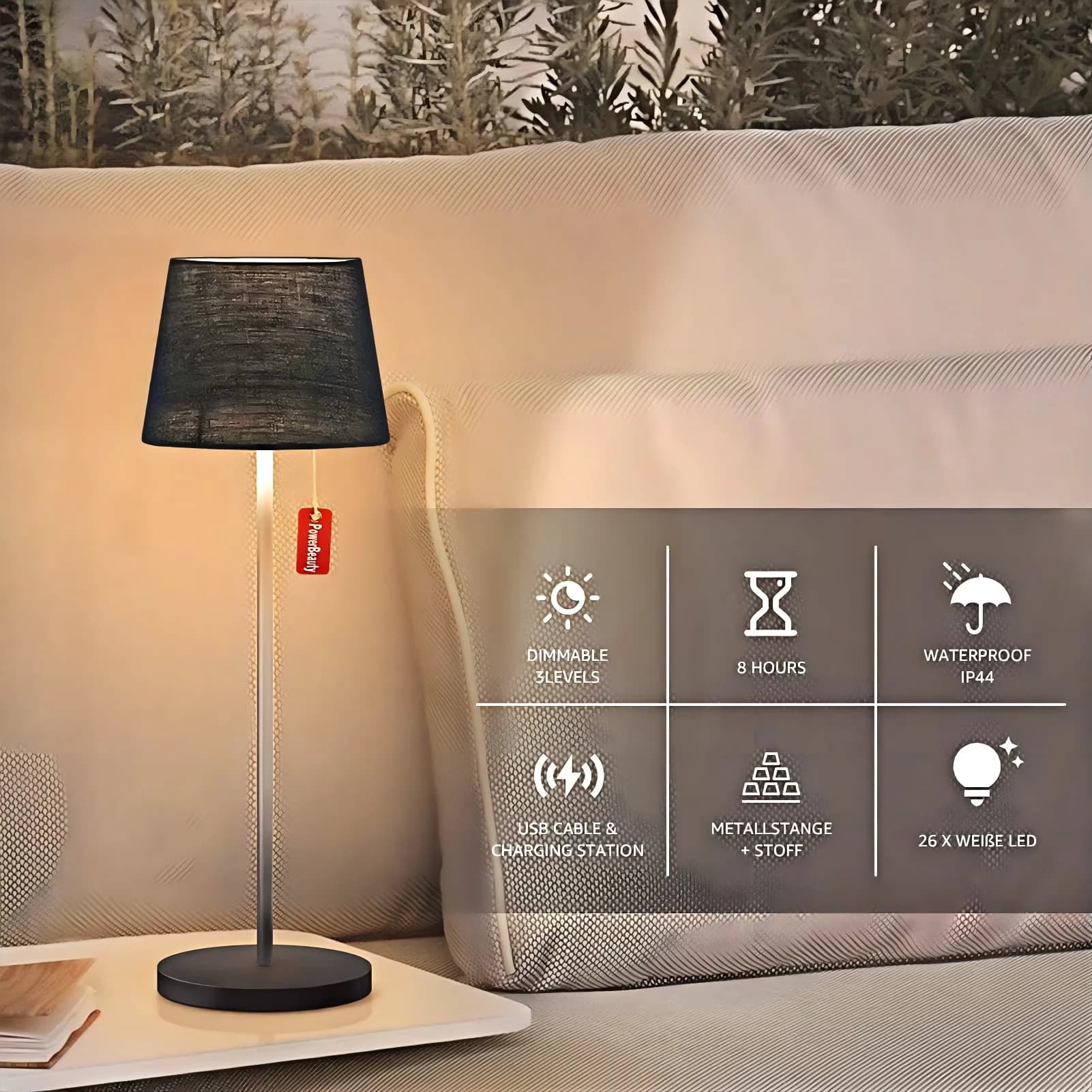Professional Lamp with LED, Battery, 15" Portable LED Bedside - Metal, Linen Black Model EEF6EC