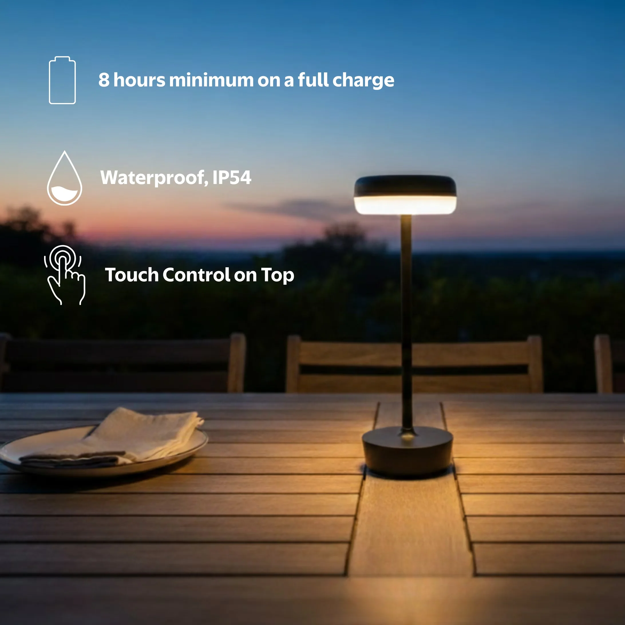 Compact Lamp with LED, Battery, 12-Inch Outdoor Rechargeable Table - Black Plastic + Metal Pole Model B12558