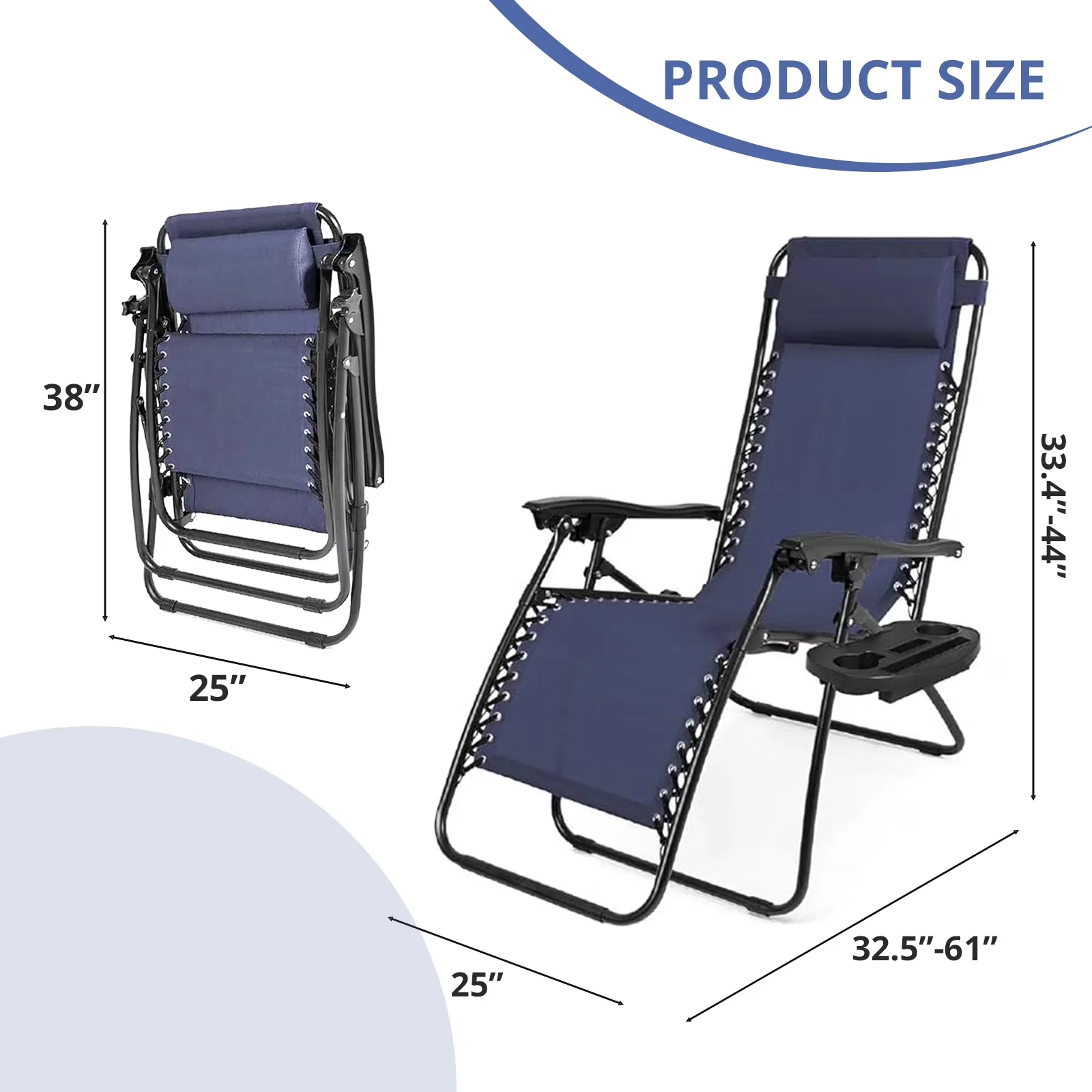 Beach Chair Stylish with Water-Resistant, Zero Gravity Chairs, Cup Holder Trays and Adjustable Pillow - Blue Alloy Steel Model E1E152