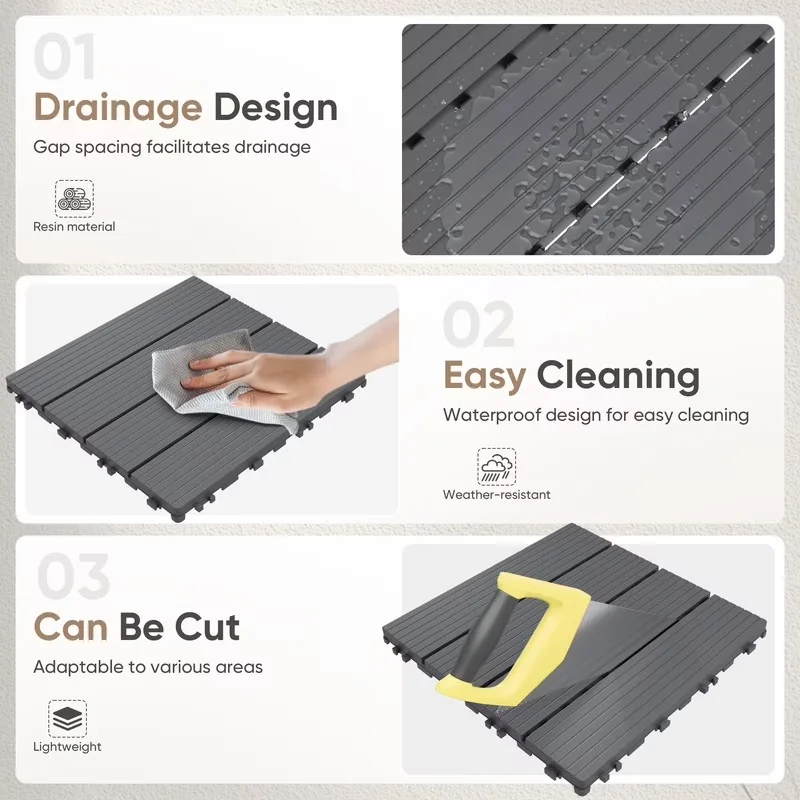 Building Material Premium with Easy Installation, 44-Pack Interlocking Deck Tiles - Plastic Gray Model 15195D
