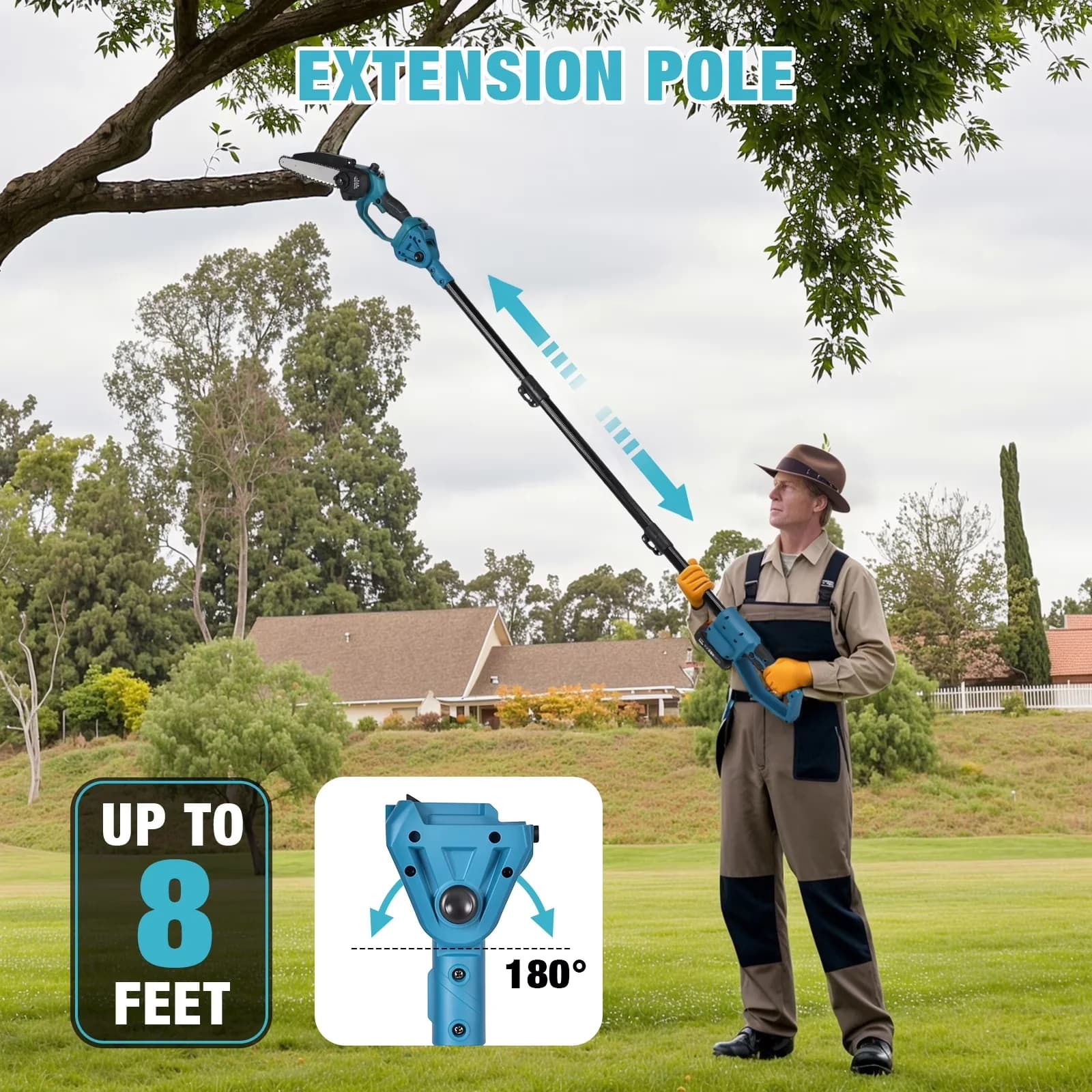 Chainsaw Efficient with Battery, 21V, 2-in-1 Electric Pole Saw & Mini - Blue Model 8D1F21