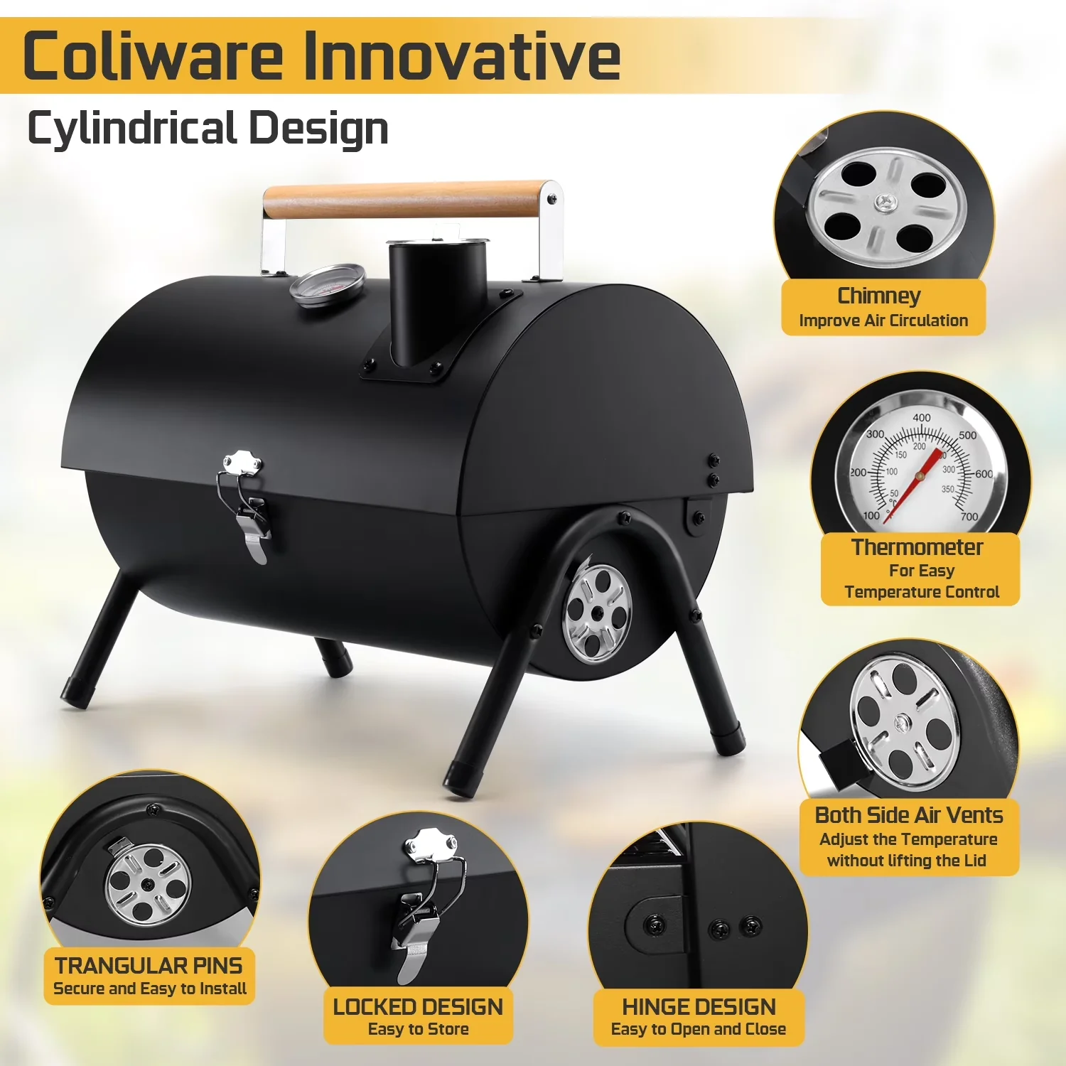 Charcoal Grill Stylish with Locking Lid, Removable Ash Catcher, Heat Thermometer - Iron Steel Model 07861B
