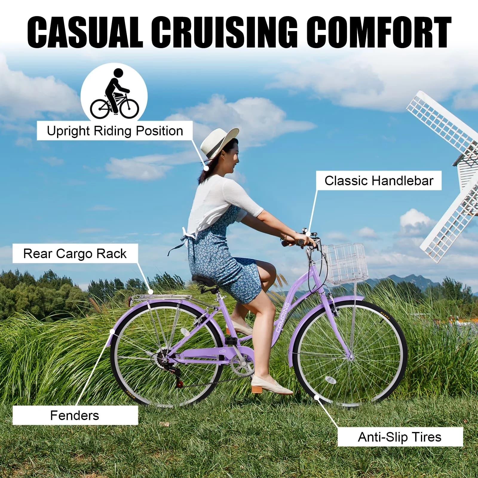Quality Cruiser Bike with Adjustable Height, Adjustable Handlebar Height, Adjustable Seat Height - Purple Model 50C786
