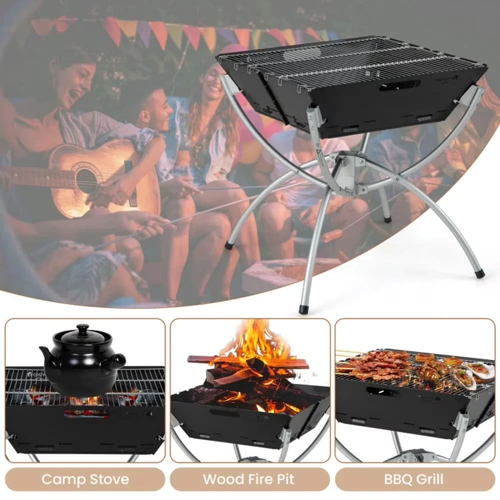Professional Charcoal Grill with 3-in-1 Camping Campfire, BBQ - Silver 304 Stainless Steel, Zinc Iron Alloy, Aluminum Model 8E7679