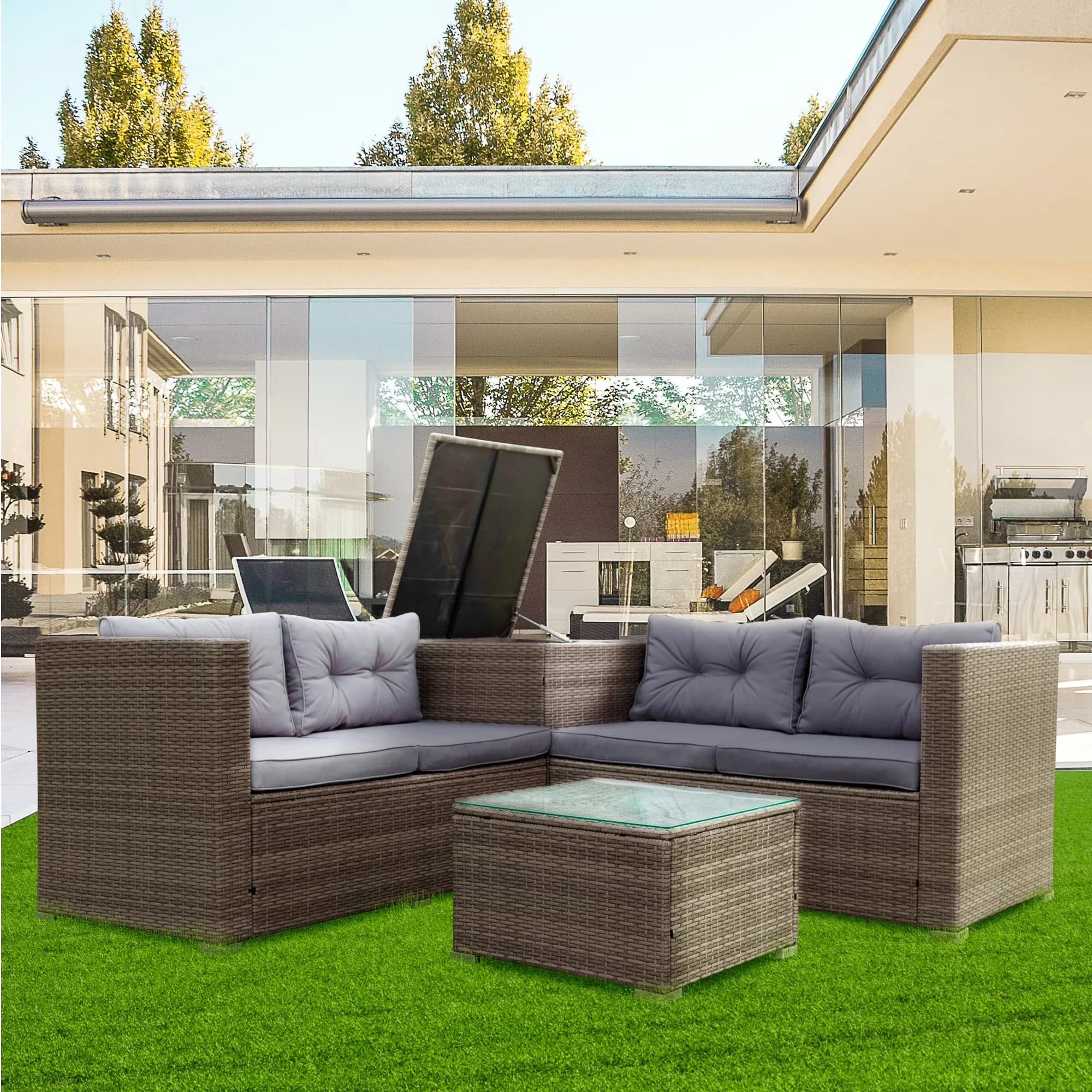 Classic Outdoor Sofas Sectional with Storage, Modern - Gray Pe Rattan, Steel, Polyester, Foam Model 5CD57D