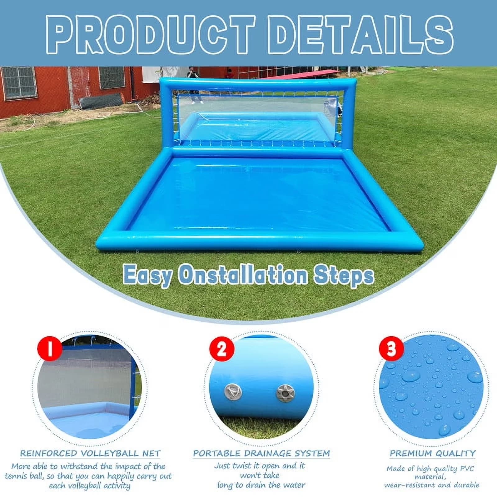 Inflatable Pool Versatile with Volleyball Court Gaint Beach Volleyball, Air Pump, Water Volleyball Field for Outdoor - Model E5C677
