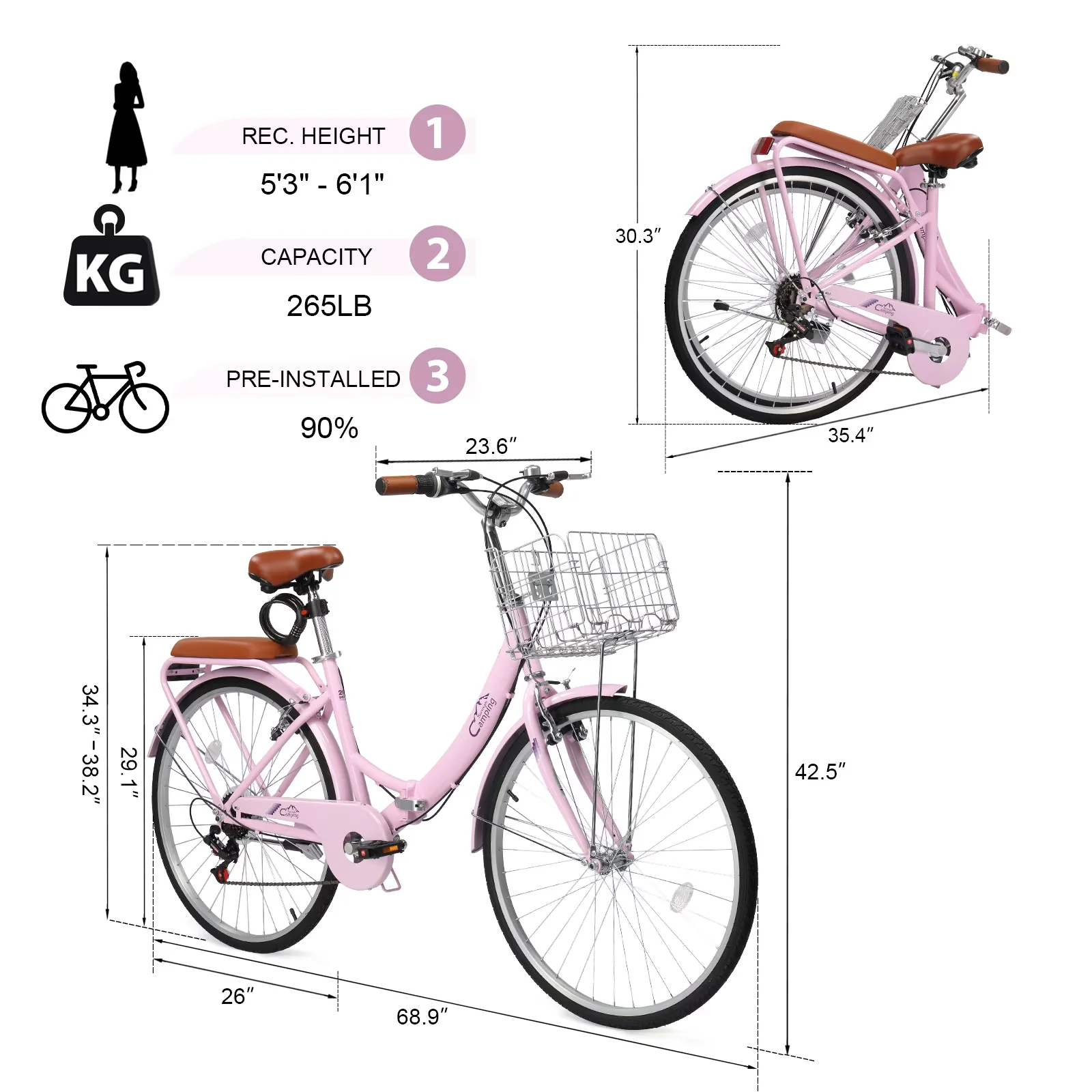 Versatile Cruiser Bike with Compact, Adjustable Speed, 26 Inch Folding Beach - Pink Model 97A7CD