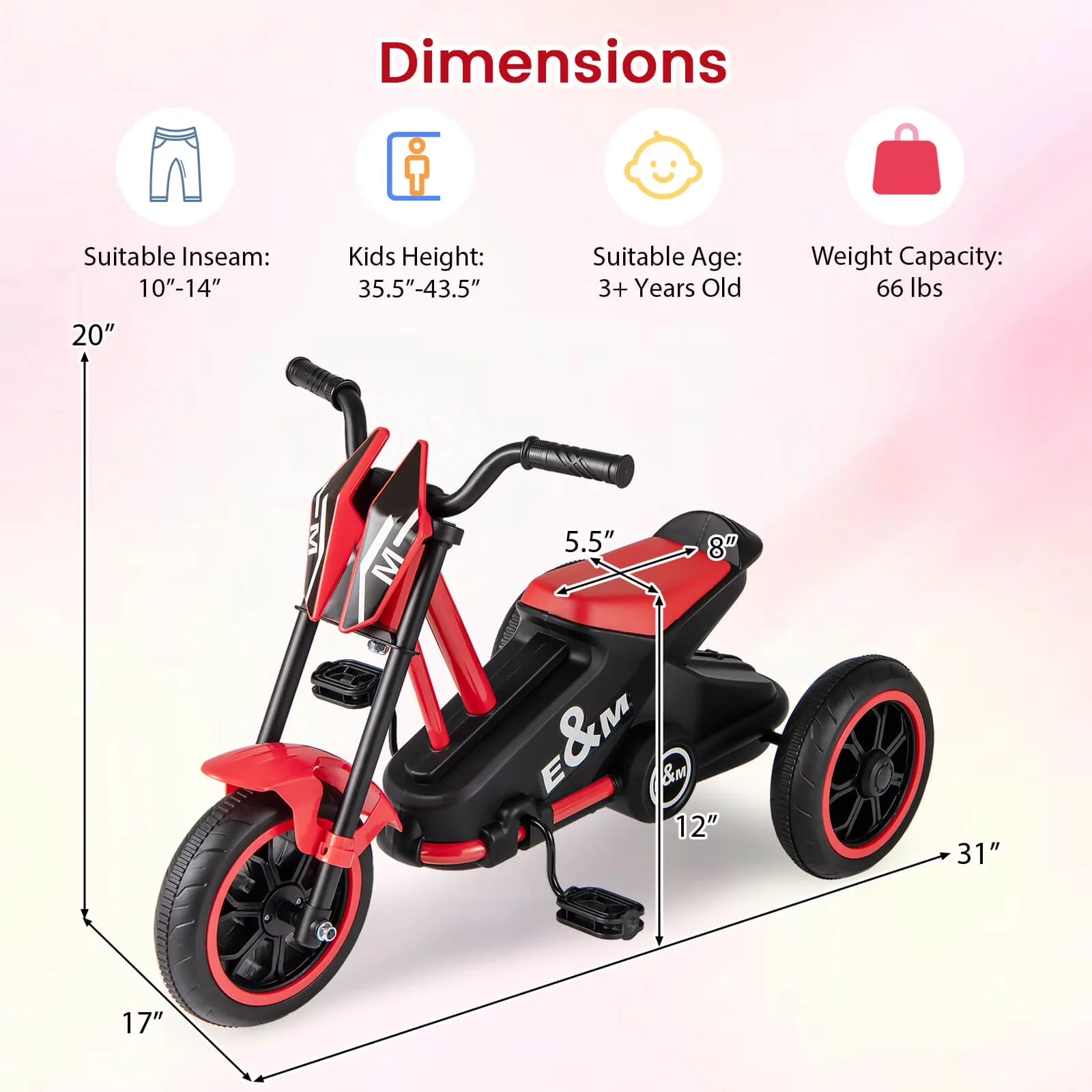 Efficient Kids Bike with Tricycle w/Foot Pedals, Steering Handlebars - Red Model E59641