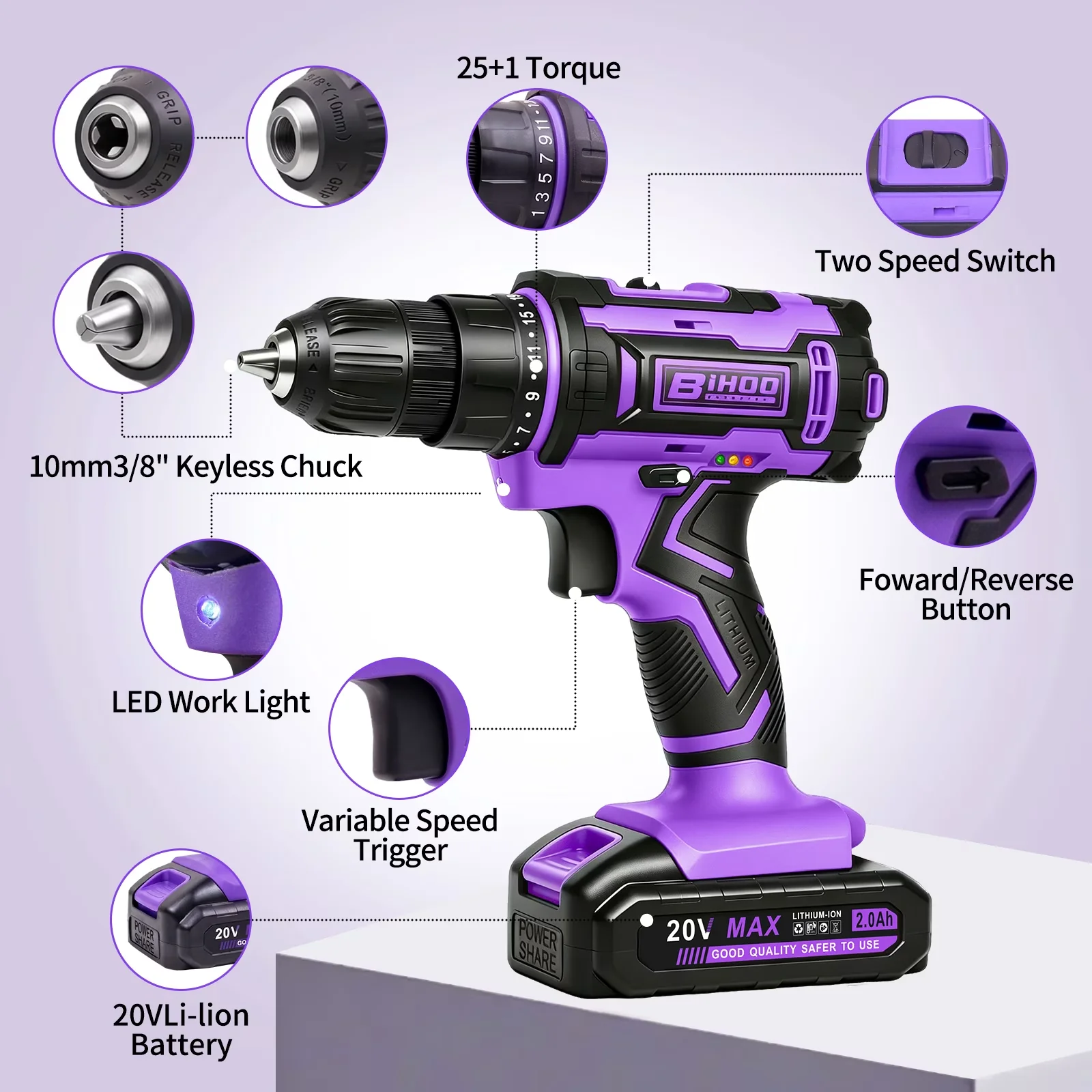 Compact Drills Driver with Battery, 20V, 20V Purple Power Drill - Purple 3/8 in Model E8619A