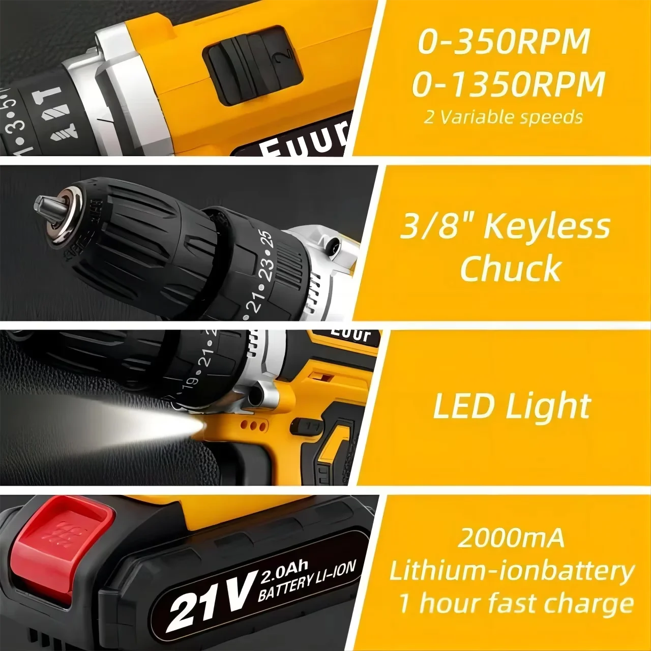 Drills Driver Reliable with Battery, 21V, Cordless Drill - Easy to Use Model 76E211
