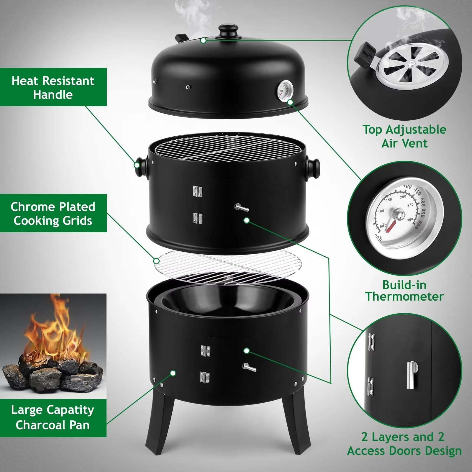 Charcoal Grill Stylish with Thermometer, Iron Spray Smoker Carbon - Steel Black Model DEA1A9