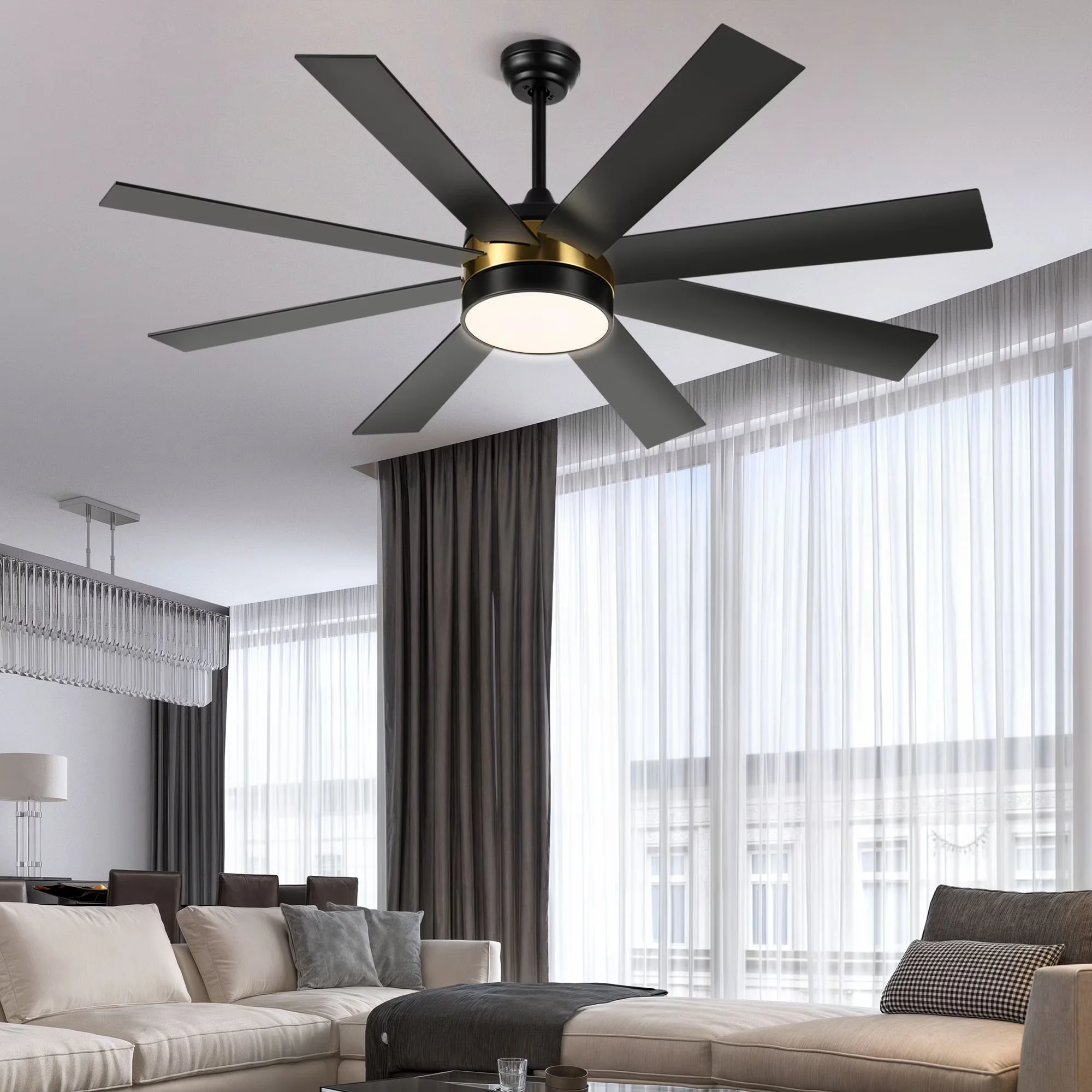 Modern Ceiling Fan with LED, Remote Controlled - Acrylonitrile Butadiene Styrene Black for Bedroom Model 29F72B