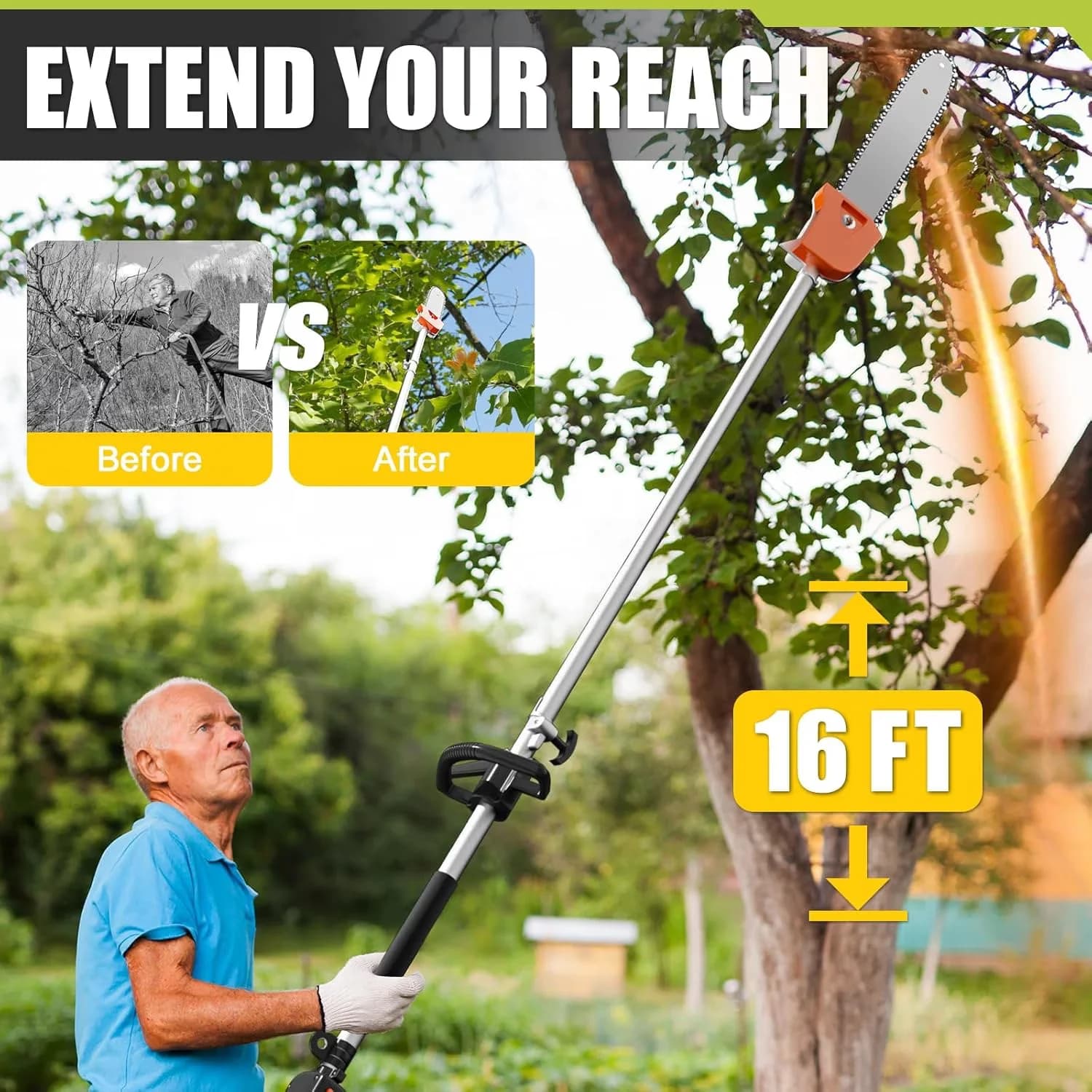Professional Pole Saw with Anti-Vibration - Orange 16-FT - Residential Grade Model FC665A