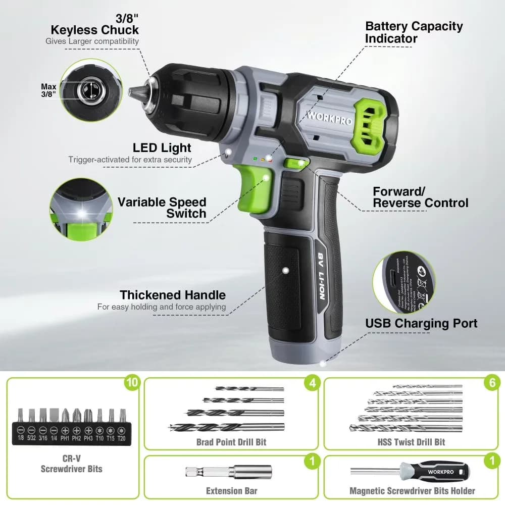 Reliable Drills Driver with Battery, Auto Shut-Off, 8V 2.0 Ah Power Drill Set - Model E4F032