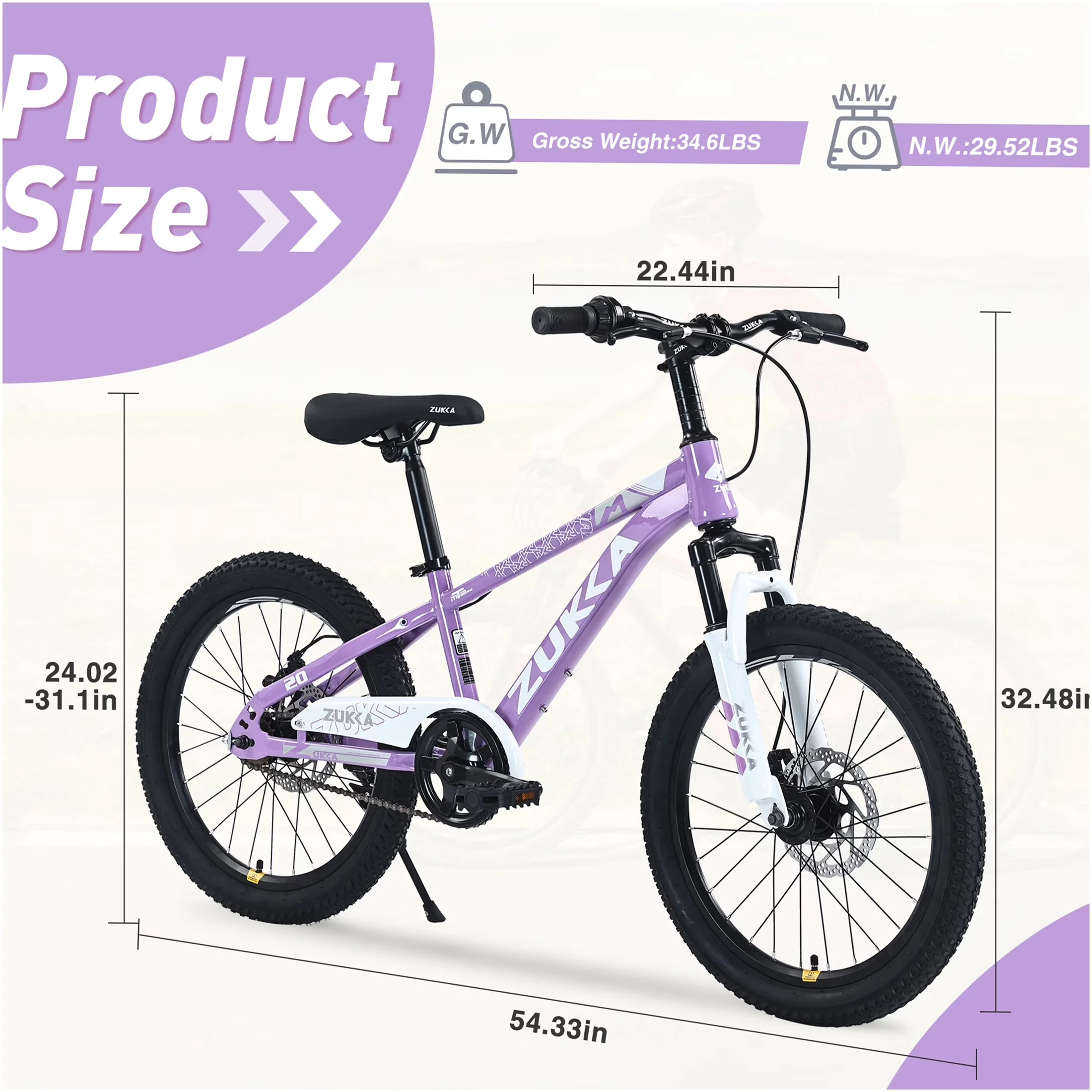 Compact Mountain Bike with Adjustable Handlebar Height, 20 inch Kids - Purple Model E380B1
