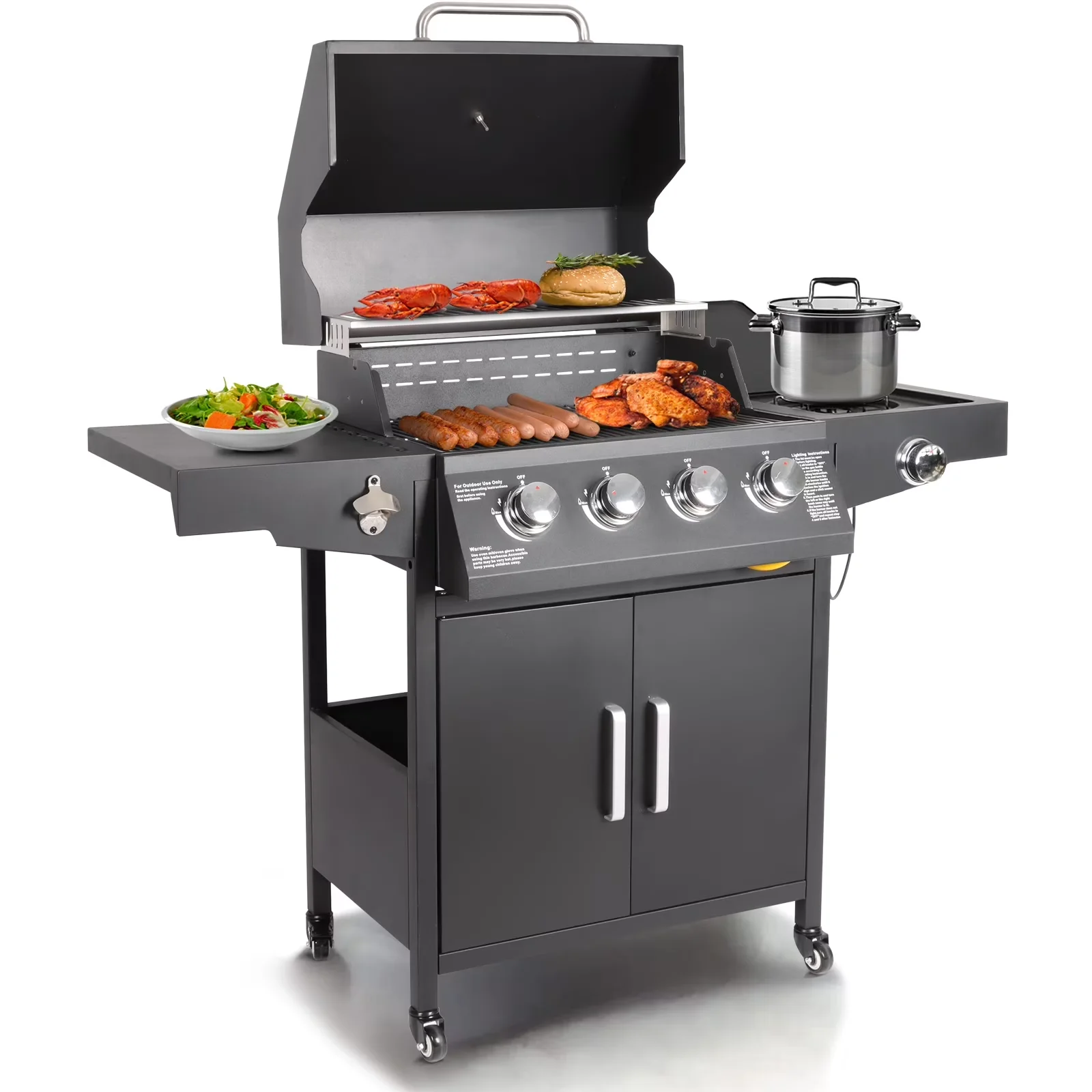 Essential Gas Grill with Heat Thermometer, Rust Resistant, Portable - Cast Iron|Stainless Steel Black for Garden, Outdoor Model 09698E
