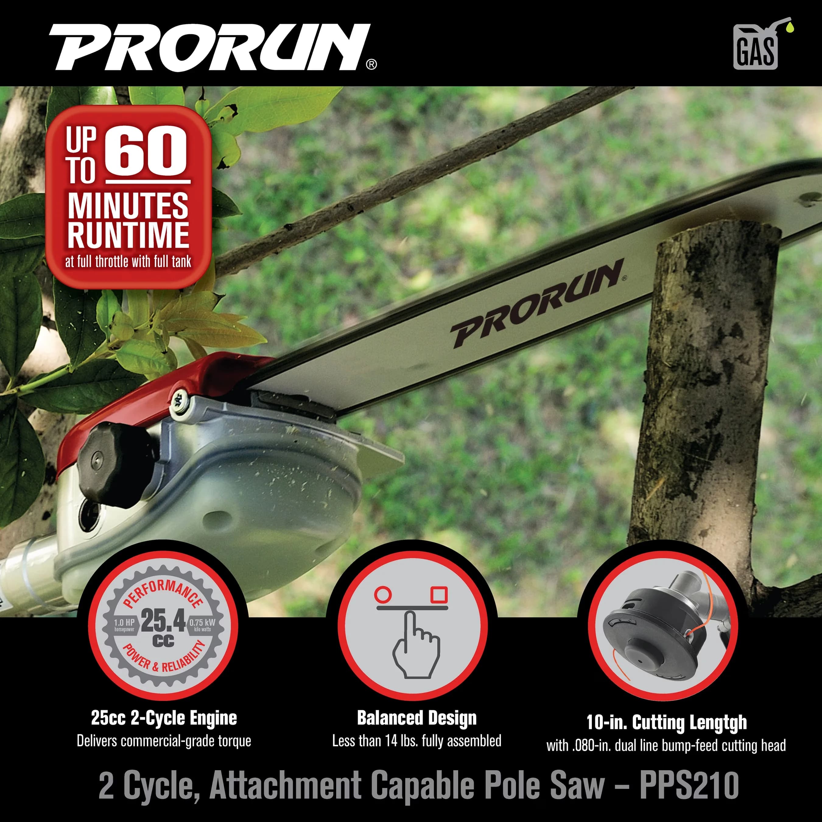 Pole Saw Reliable with Variable Speed, 25.4cc 10-in. Gas-Powered 2-Cycle - Model 26B4A3