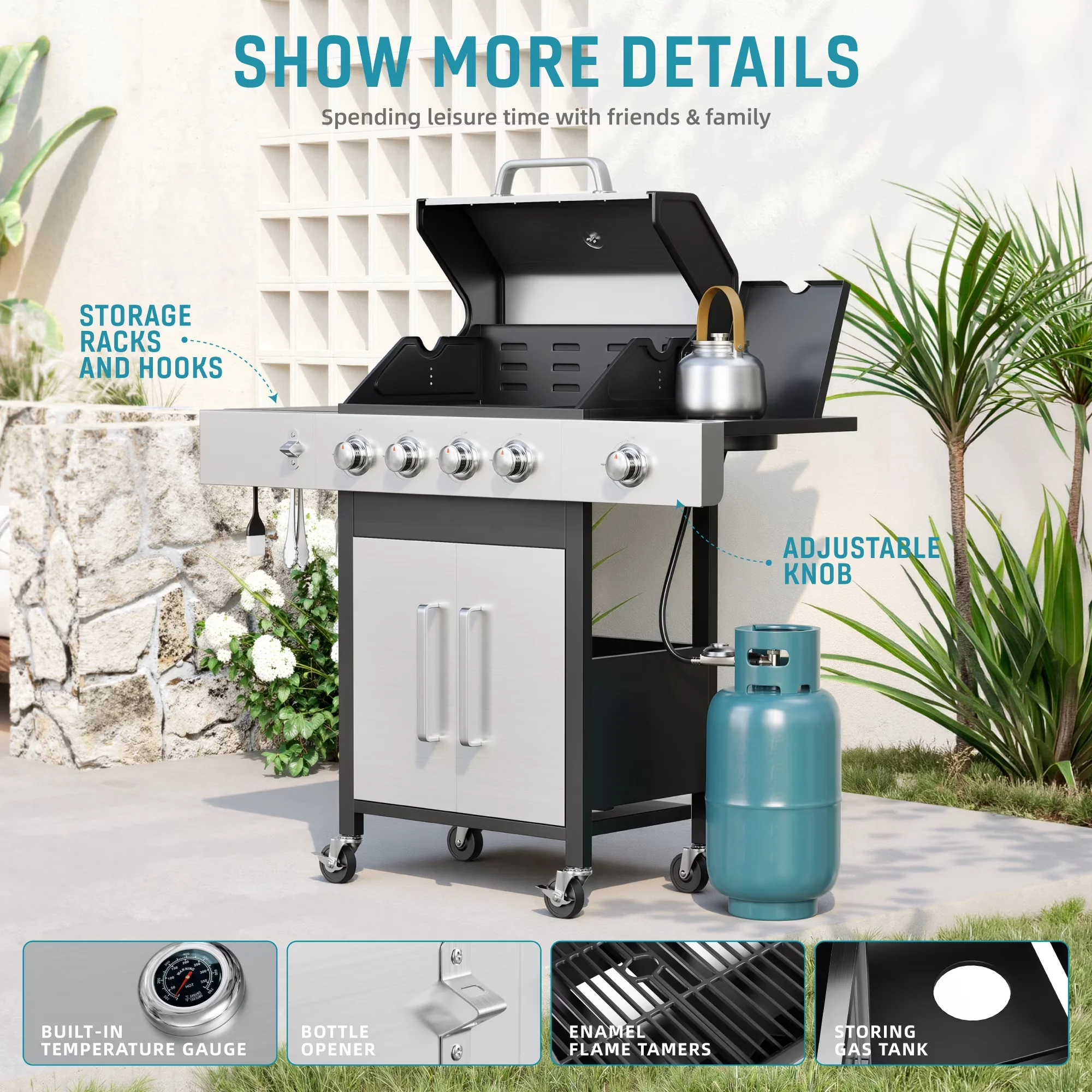 Premium Gas Grill with 50800 BTU, Storage Rack, Grease Pan - Stainless Steel, Porcelain-Enameled Cast Iron Silver for Outdoor Model 78344B