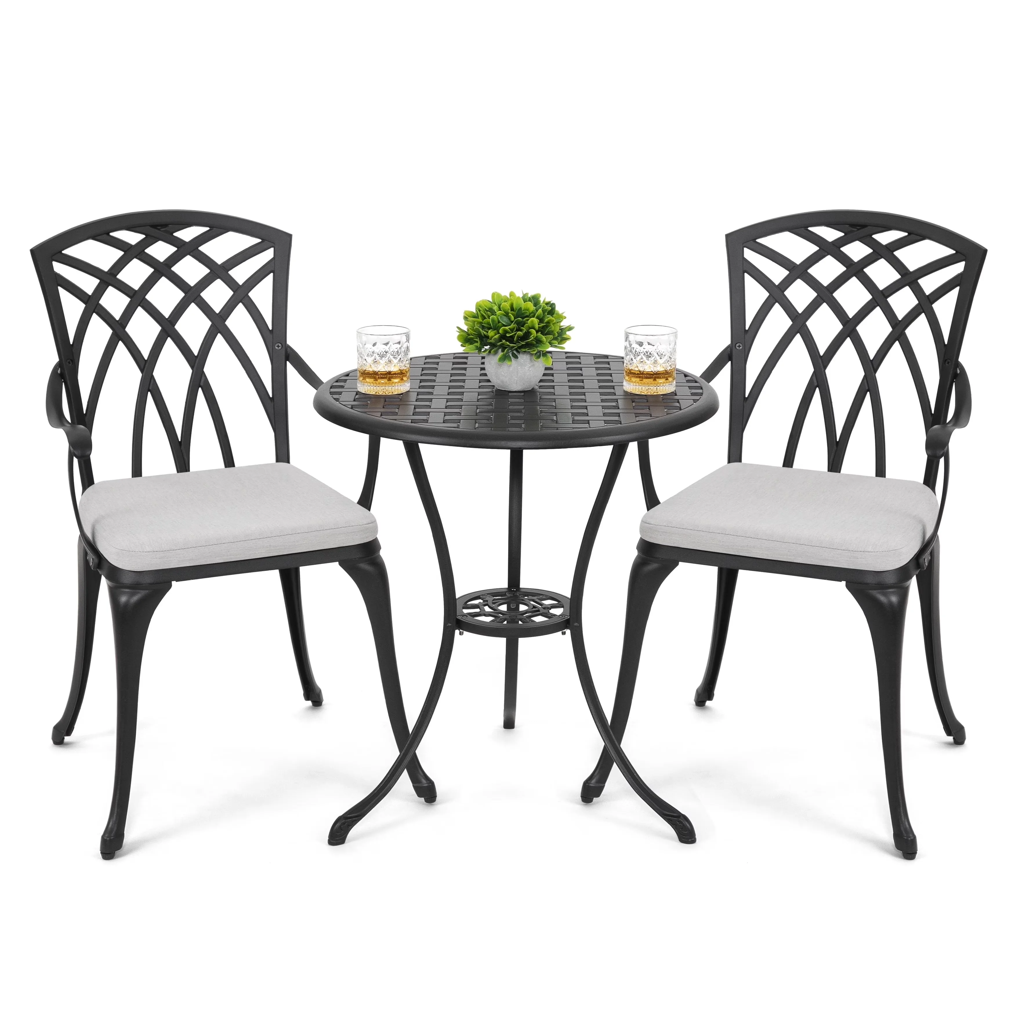 Innovative Patio Dining Set with Weather-Resistant, Round 24'' Cast Aluminum Table, Cushions - Black Model A06056