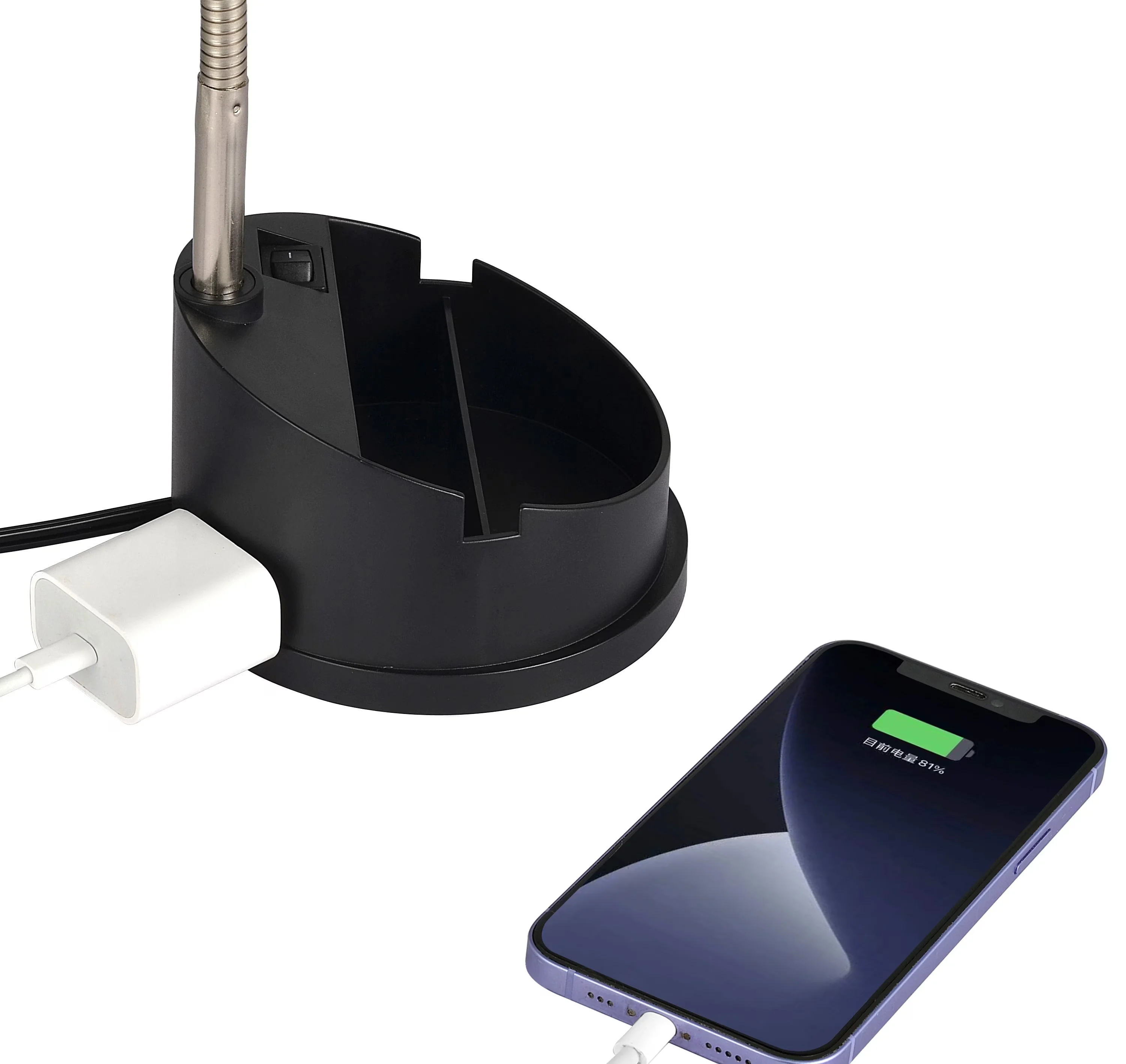Desk Lamp Compact with LED, Power Outlet, Modern - Black Plastic Organizer Model 2401DE