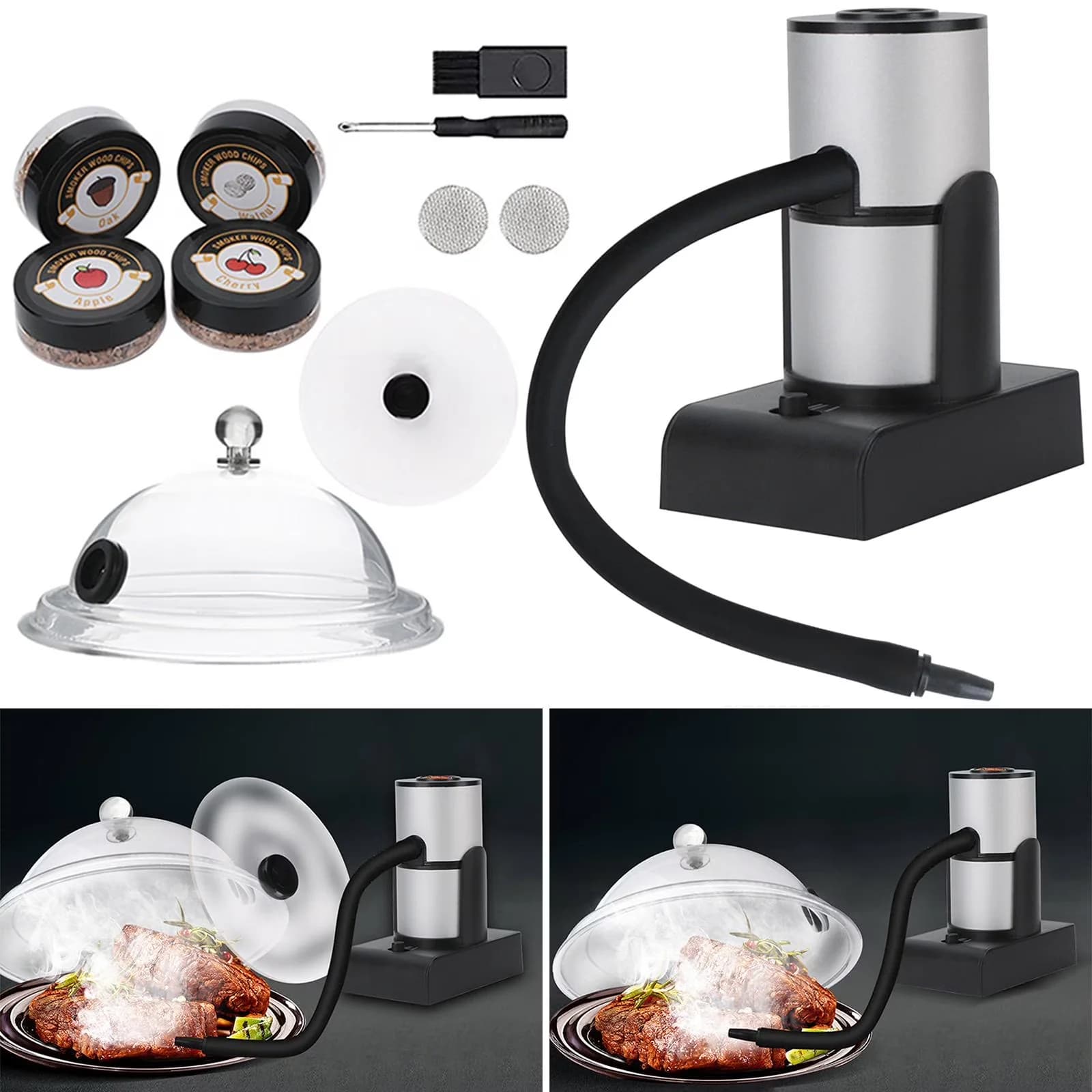 Modern Smoker with Cold Smoker, Wood Chips & Cleaning Brush Cold Food - Aluminum Alloy Black for Indoor, Outdoor Model FB5AAA