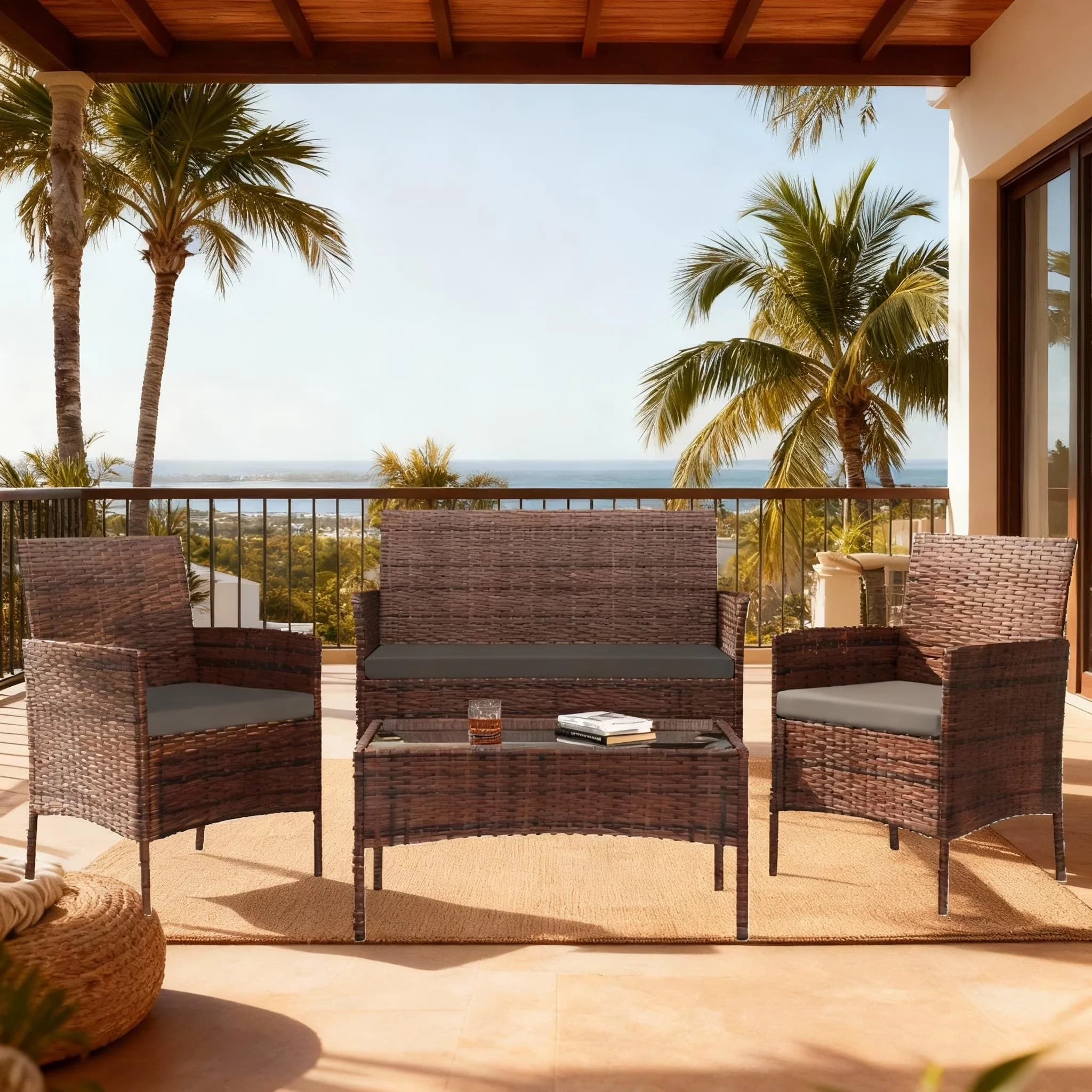 Patio Conversation Set Sleek with Weatherproof, 4 Pieces Furniture, Brown/Gray - Metal, Rattan Brown Model C0F992
